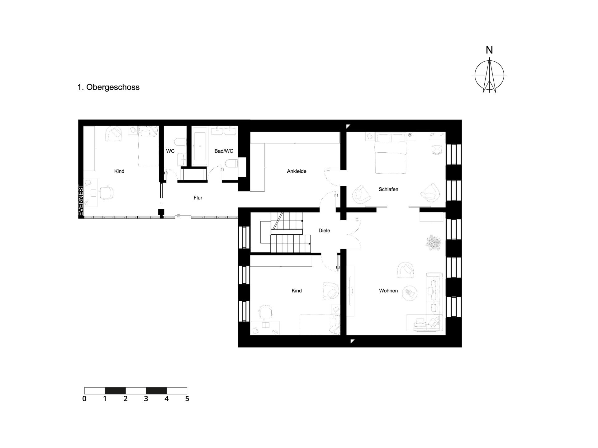 Grundriss eines Obergeschosses mit Schlafzimmer, Kinderzimmern, Bad, WC, Ankleide und Wohnbereich.