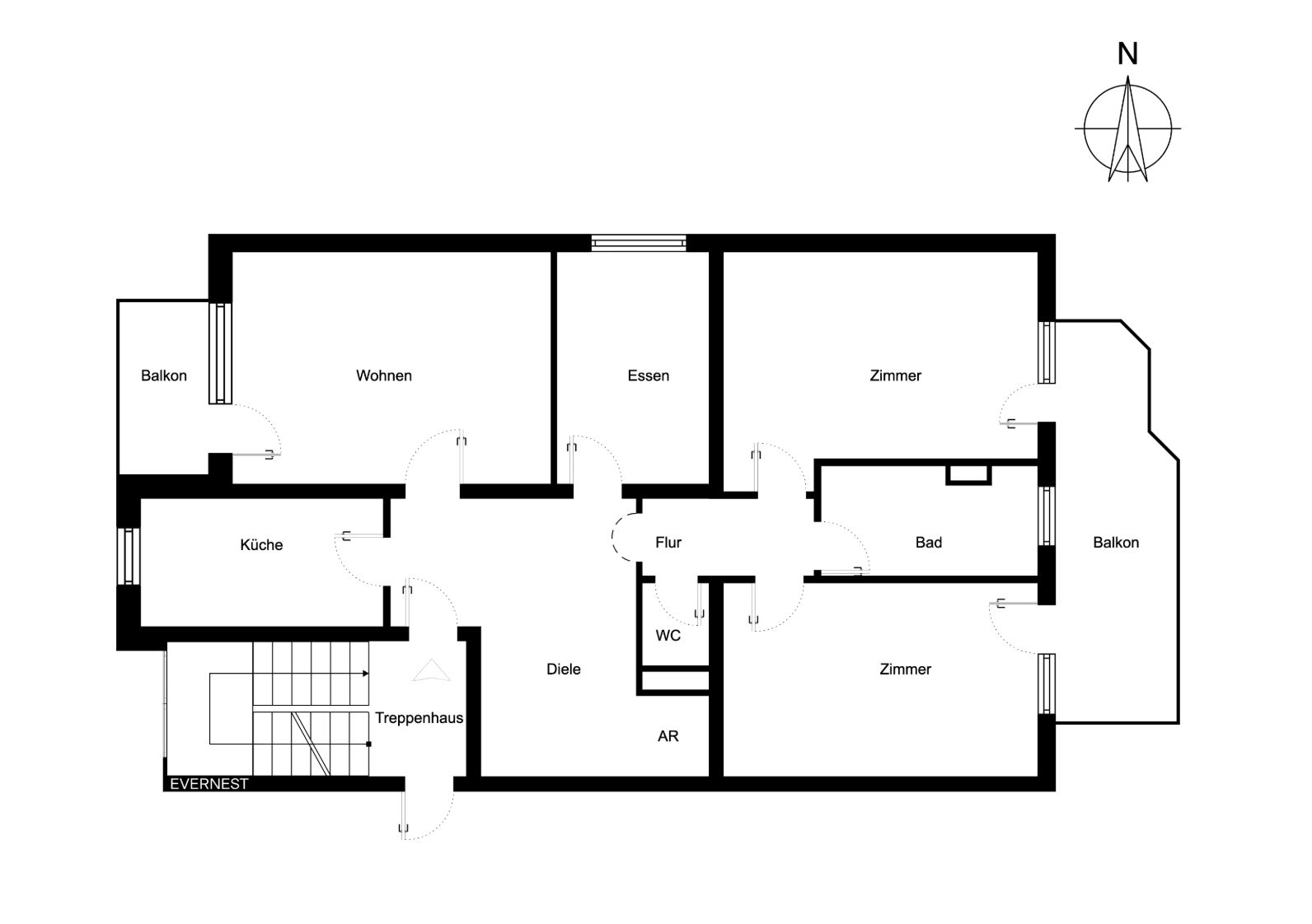 Grundriss einer Wohnung mit Küche, Bad, WC, zwei Zimmern, Ess- und Wohnzimmer sowie zwei Balkonen.