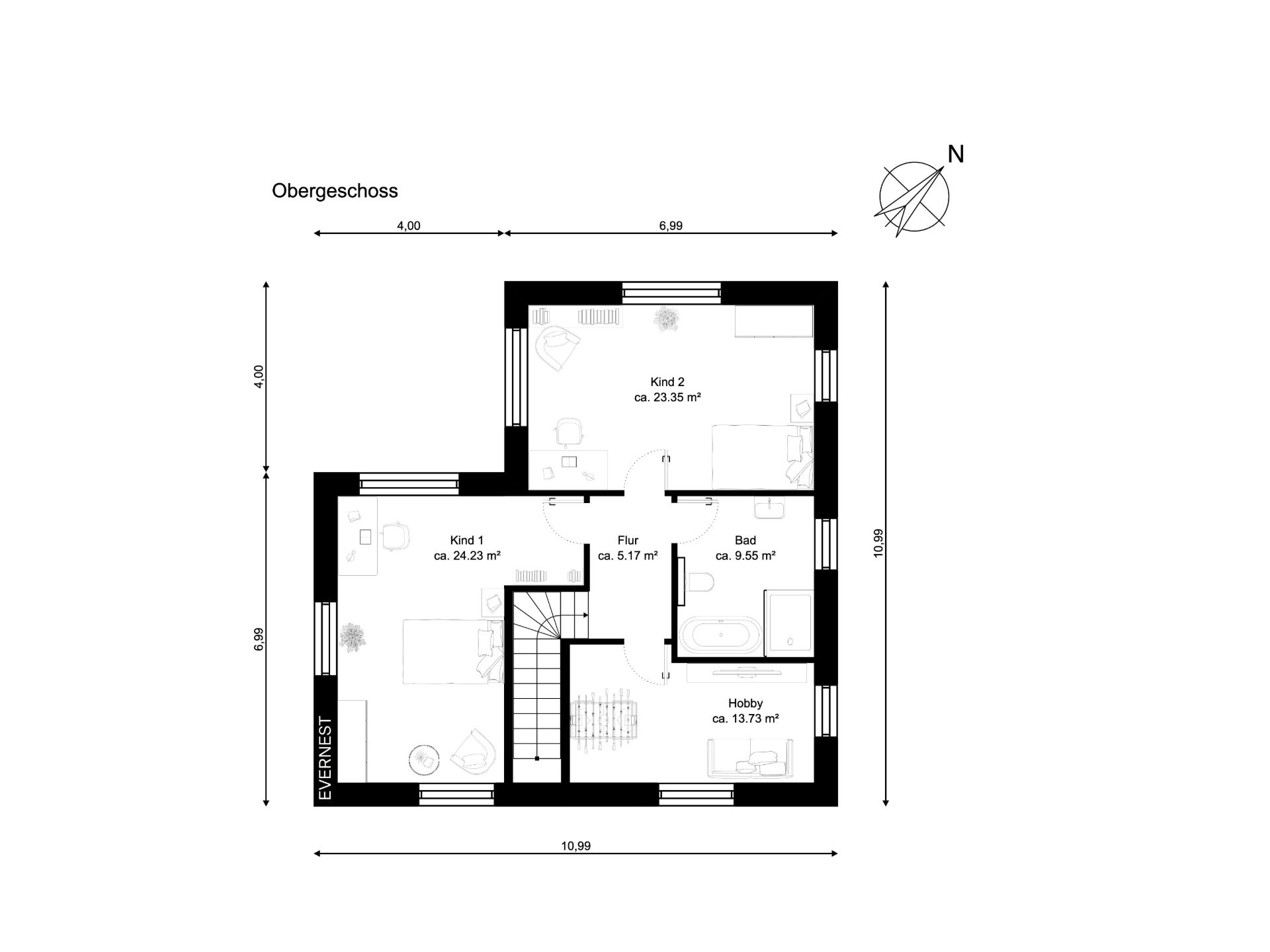 Grundriss eines Obergeschosses mit zwei Kinderzimmern, Flur, Bad und Hobbyraum.