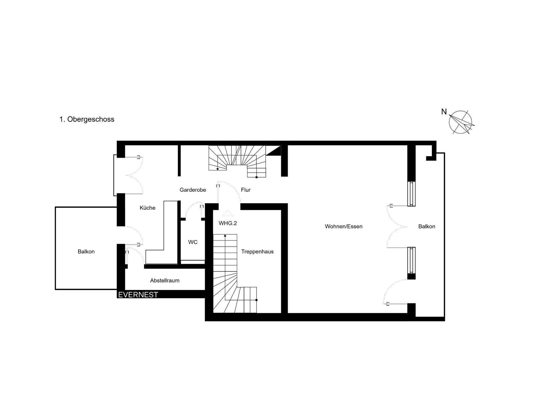 Grundriss einer Wohnung mit Küche, WC, Wohnzimmer und zwei Balkonen.