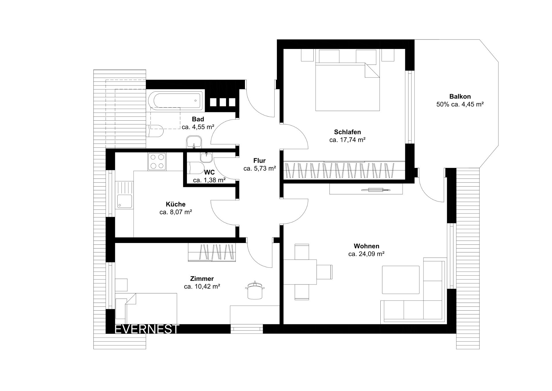 Grundriss mit Schlafzimmer, Wohnzimmer, Küche, Bad, WC, Flur, Zimmer und Balkon.