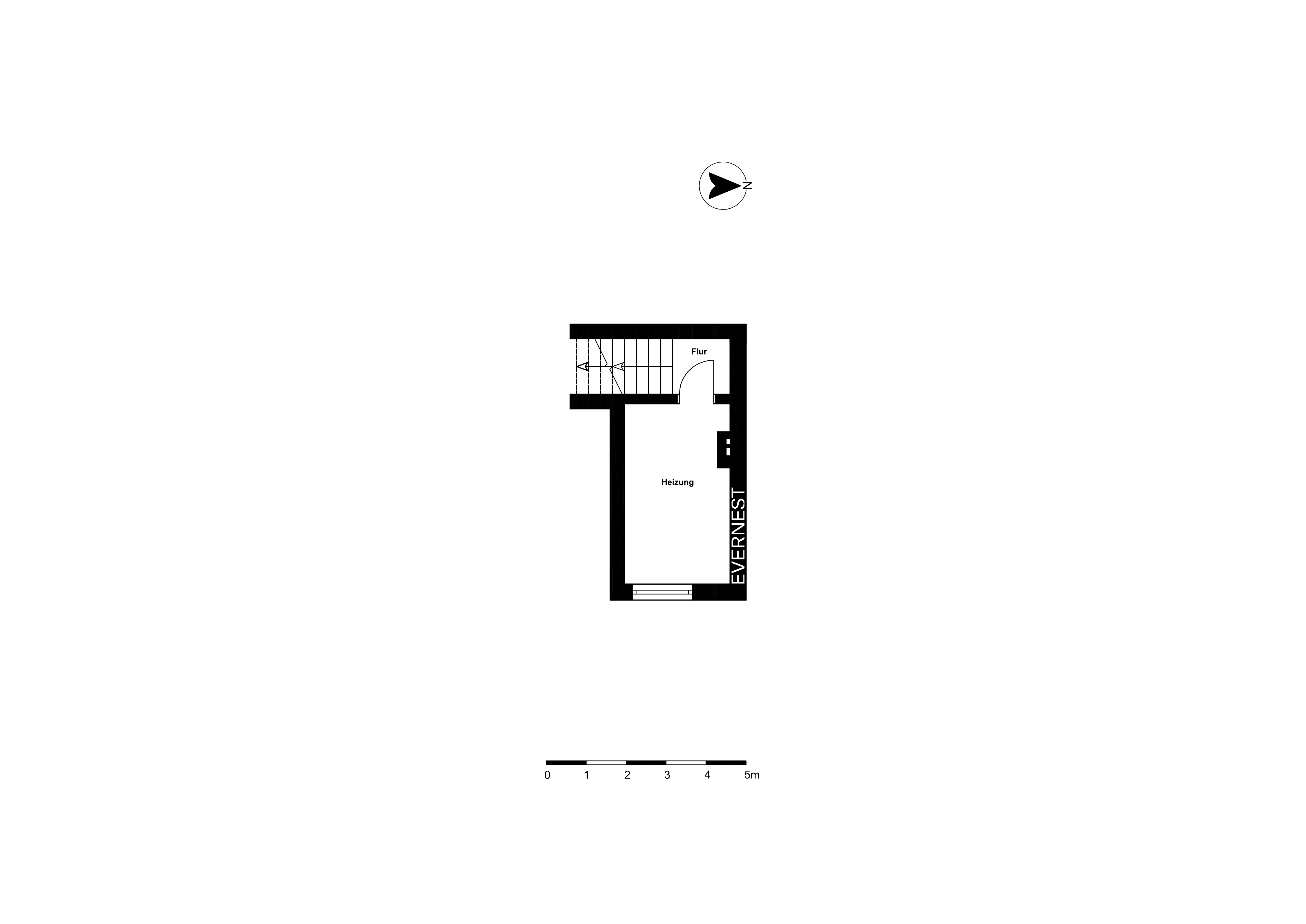Grundriss mit einem Heizungsraum und Flur, Treppe ist sichtbar.