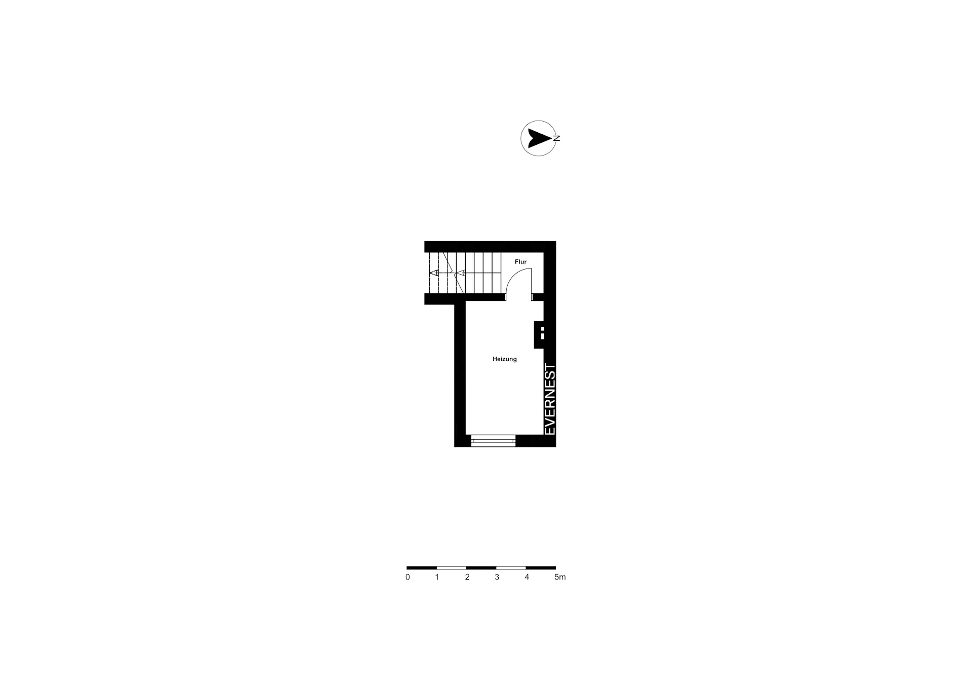 Grundriss mit einem Heizungsraum und Flur, Treppe ist sichtbar.
