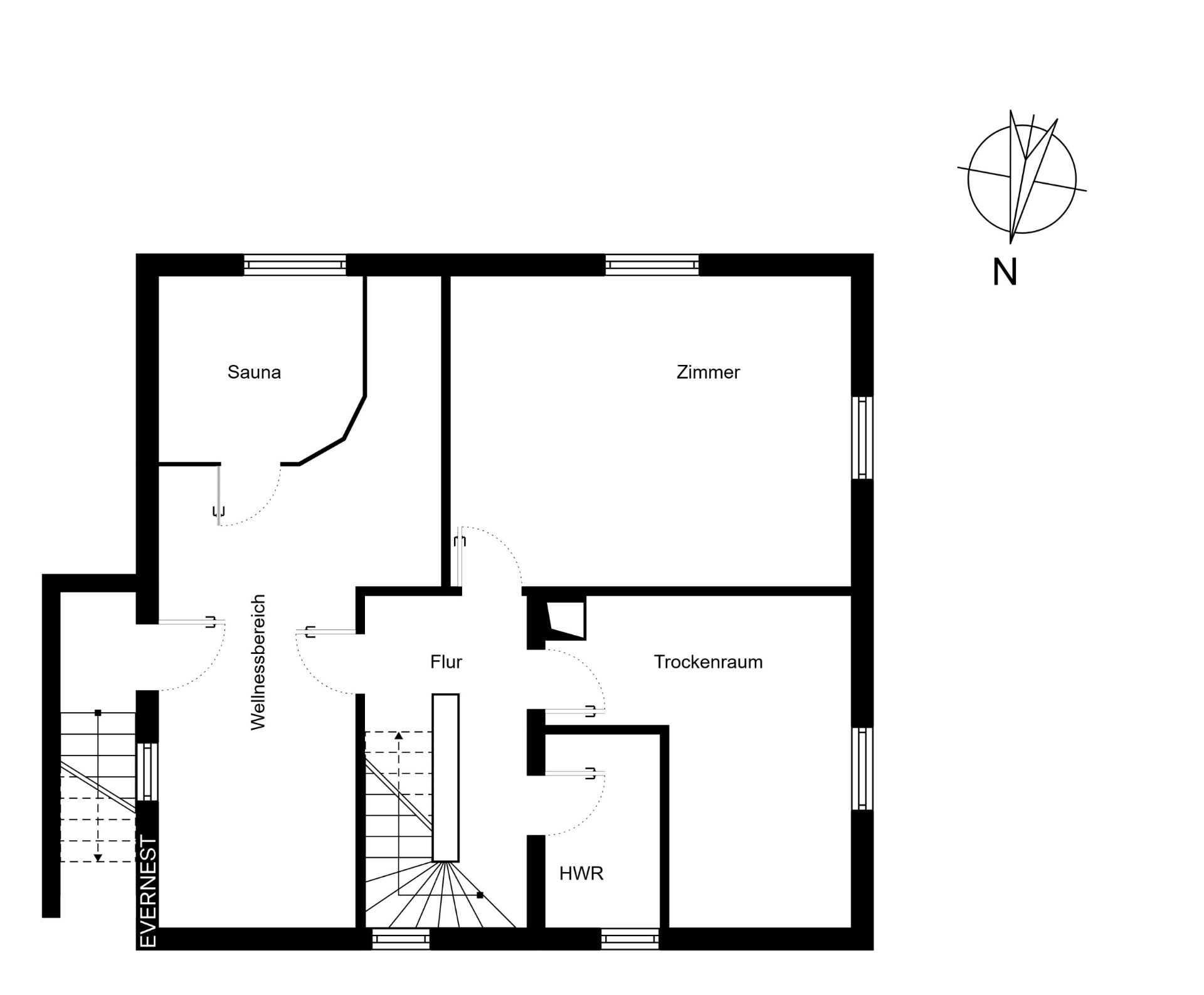 Grundriss mit Sauna, Wellnessbereich, Flur, Zimmer, Trockenraum und HWR.