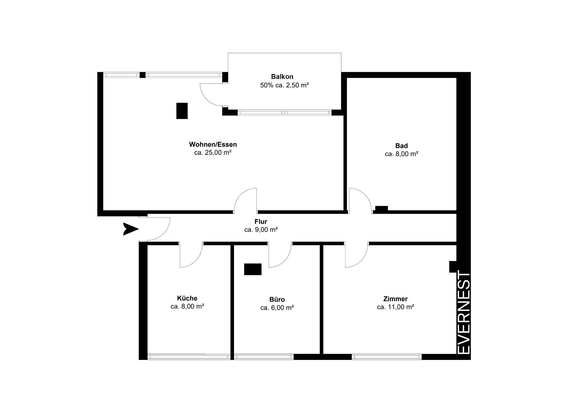 Grundriss mit Wohnzimmer, Küche, Büro, Zimmer, Bad, Flur und Balkon.