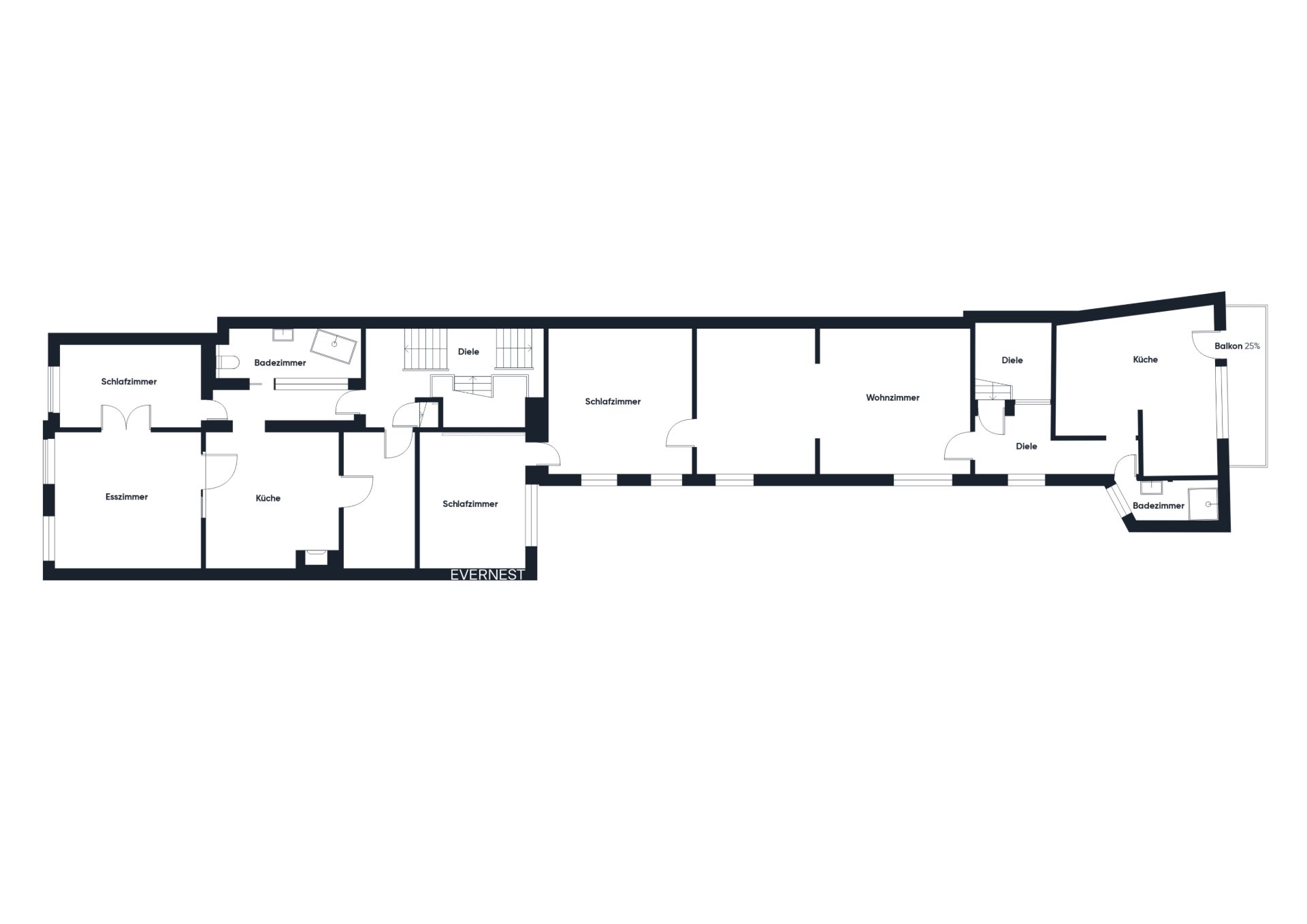 Grundriss einer Wohnung mit mehreren Schlafzimmern, Wohnzimmer, Küchen und Bädern.