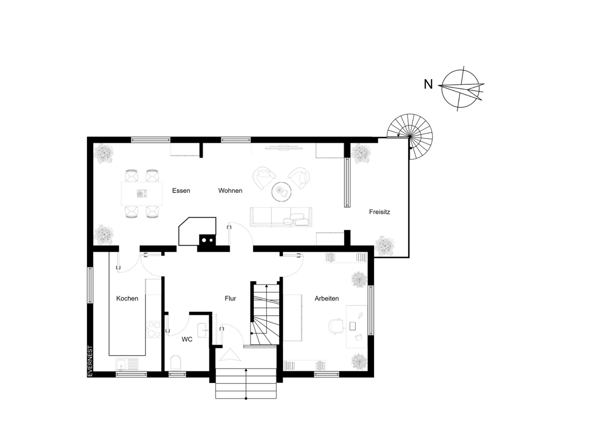 Grundriss mit Küche, WC, Flur, Ess-, Wohn-, Arbeitsbereich und Freisitz.