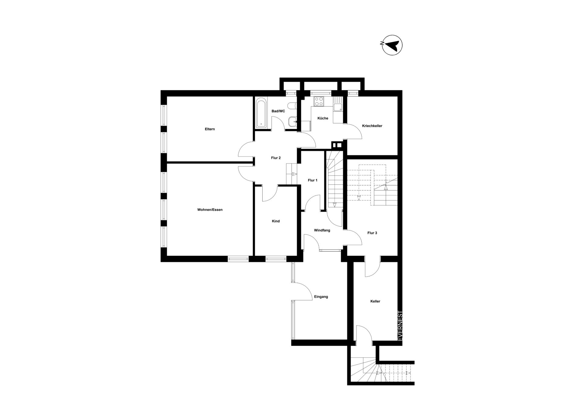 Schwarz-weißer Grundriss einer Wohnung mit Küche, Bad, Wohnzimmer und mehreren Zimmern.