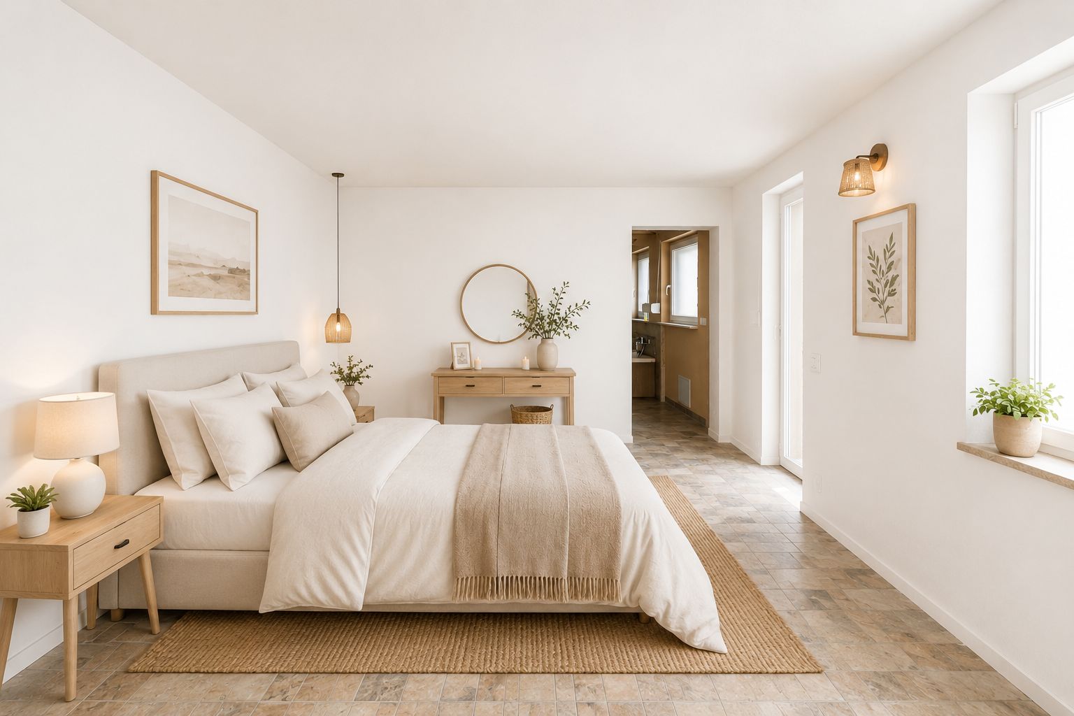 Helles Schlafzimmer mit Doppelbett, Holzmöbeln, Pflanzen und großen Fenstern.