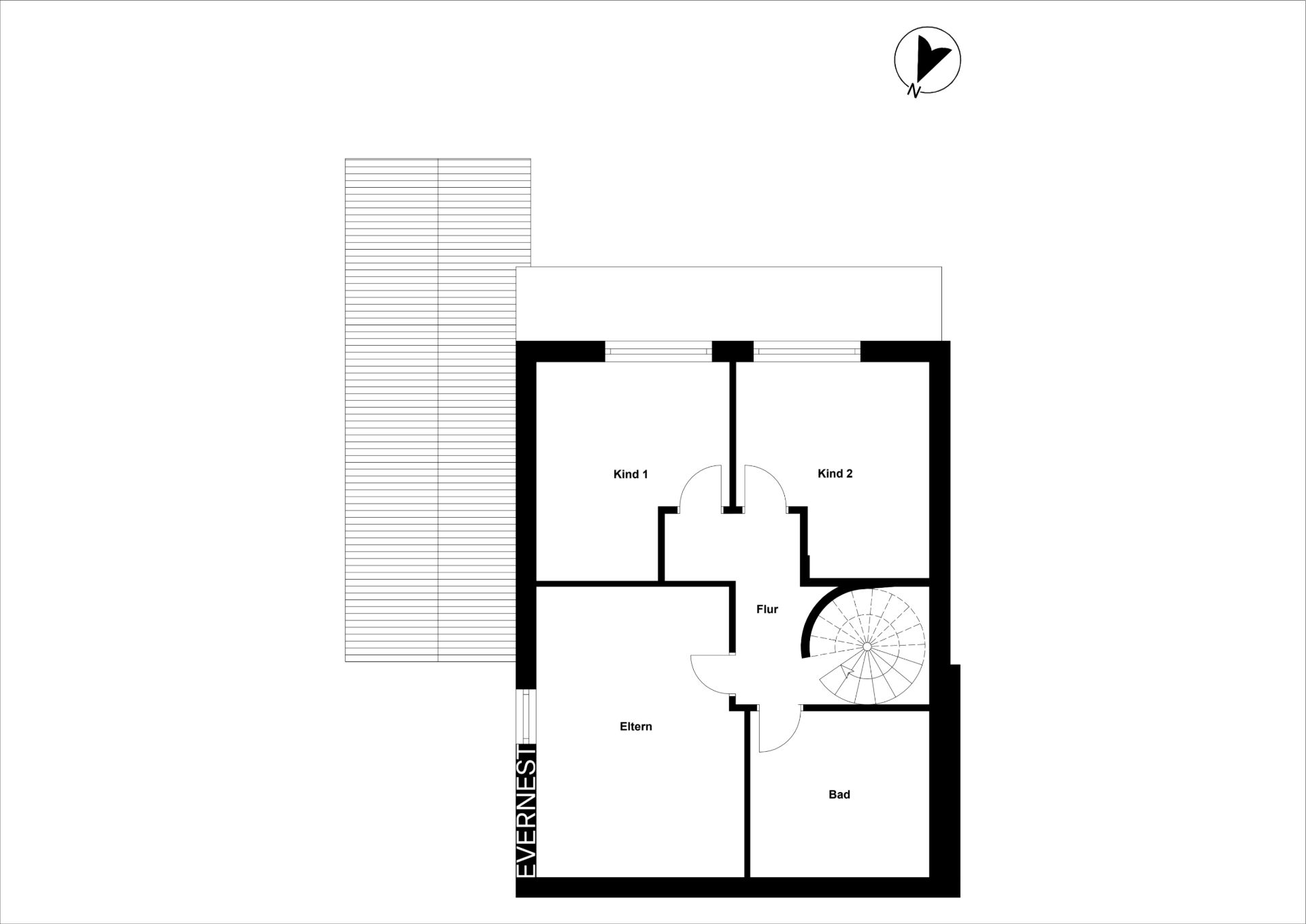 Grundriss mit drei Zimmern, Flur, Bad und Treppe.