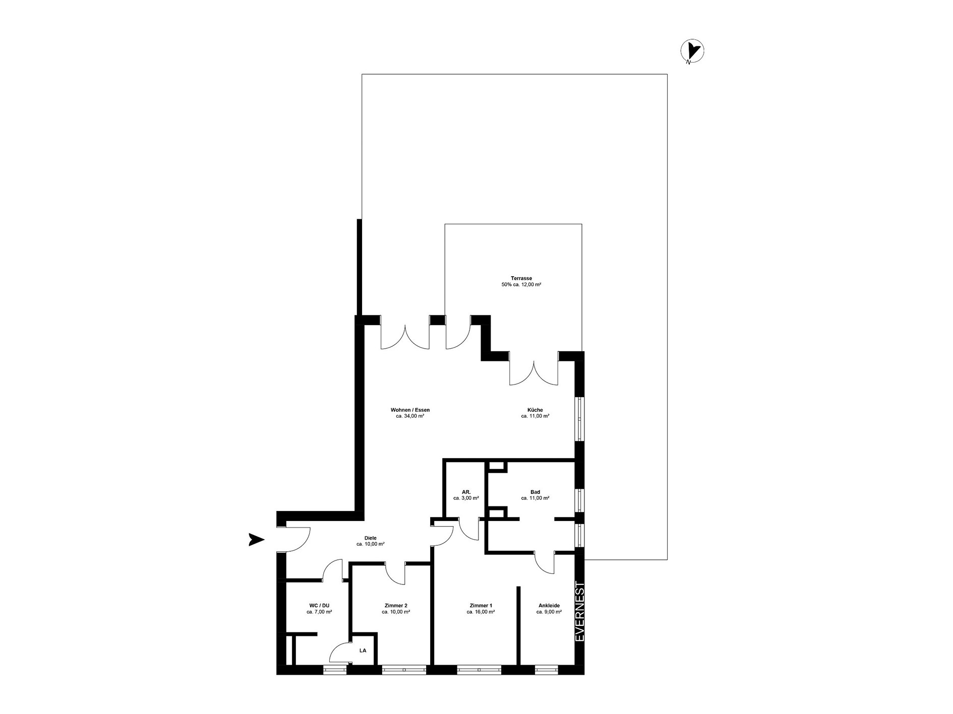 Grundriss einer Wohnung mit Wohn-/Essbereich, Küche, drei Zimmern, Bad, WC und Terrasse.