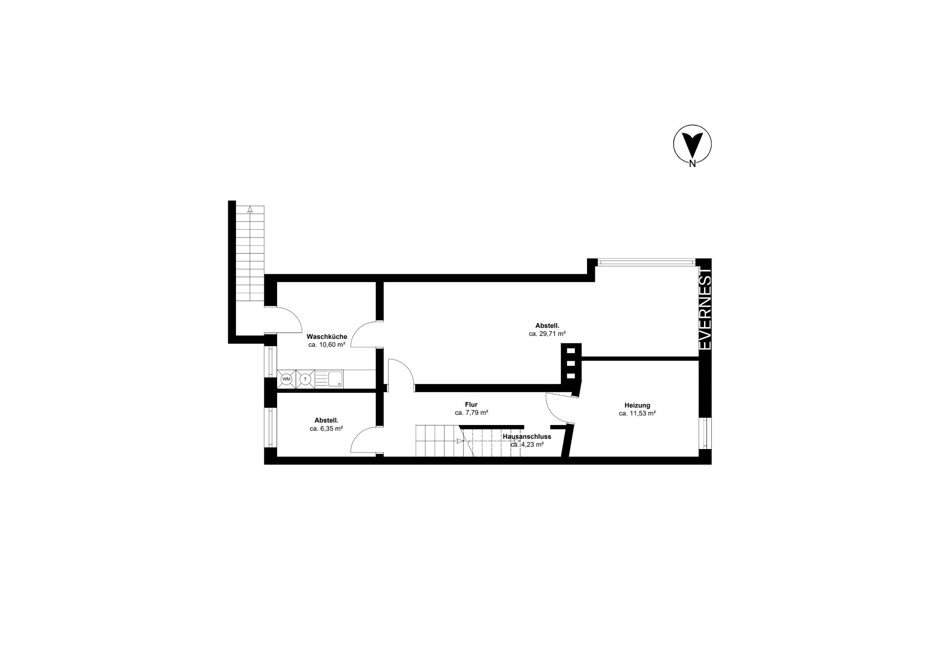 Grundriss eines Kellers mit Waschküche, Abstellräumen, Flur und Heizungsraum.
