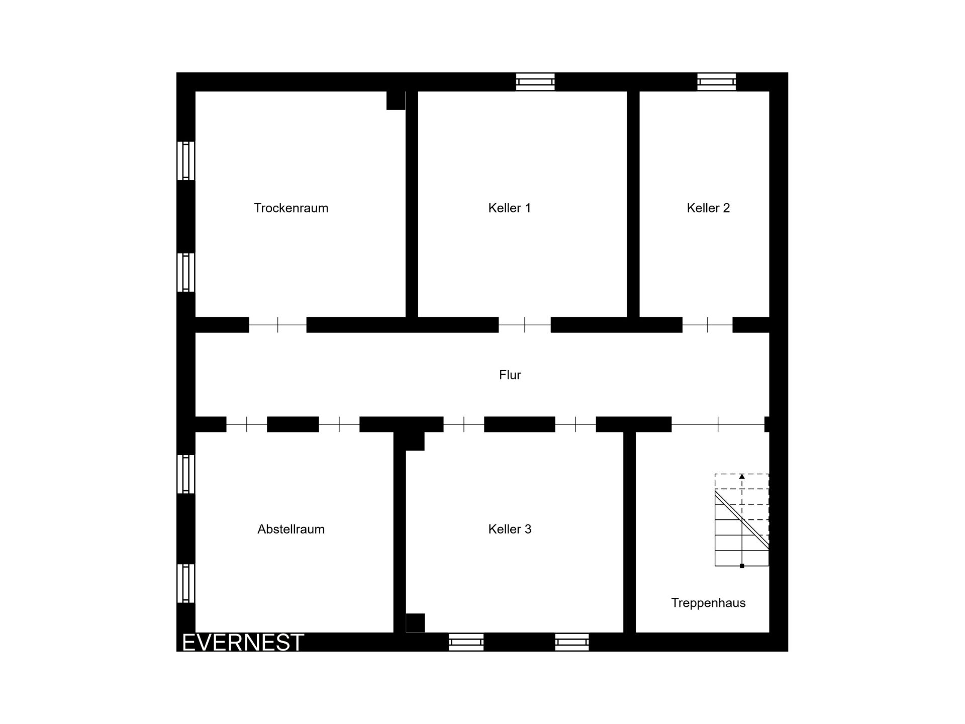 Grundriss eines Kellers mit Trockenraum, Abstellraum, drei Kellern und Treppenhaus.