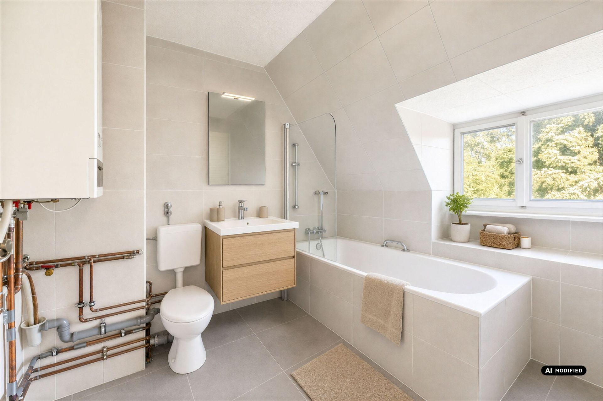 Modernes Badezimmer mit Badewanne, WC, Waschbecken, Spiegel und Fenster mit Blick ins Grüne.