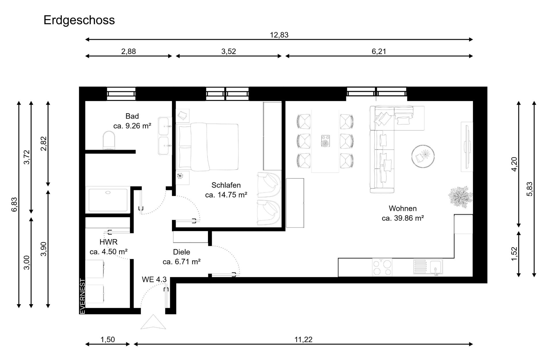 Grundriss des Erdgeschosses mit Wohnen, Schlafen, Bad, Diele und Hauswirtschaftsraum.