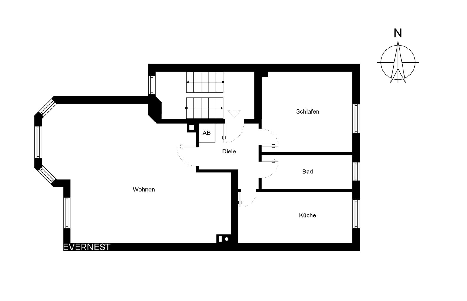 Grundriss einer Wohnung mit Wohnzimmer, Schlafzimmer, Bad, Küche und Diele.