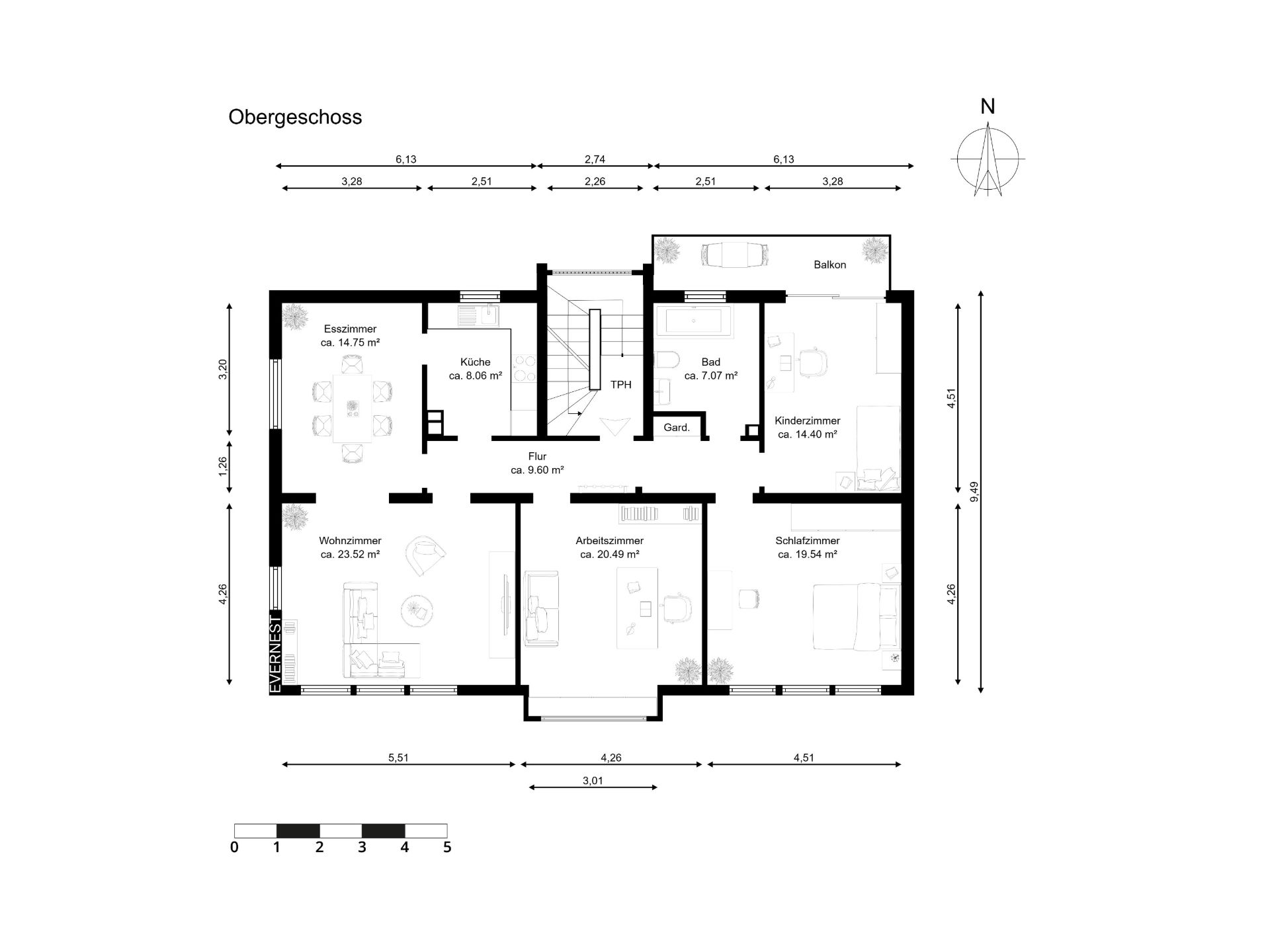 Grundriss des Obergeschosses mit Wohn-, Schlaf-, Kinderzimmer, Bad, Küche, Esszimmer, Arbeitszimmer und Balkon.