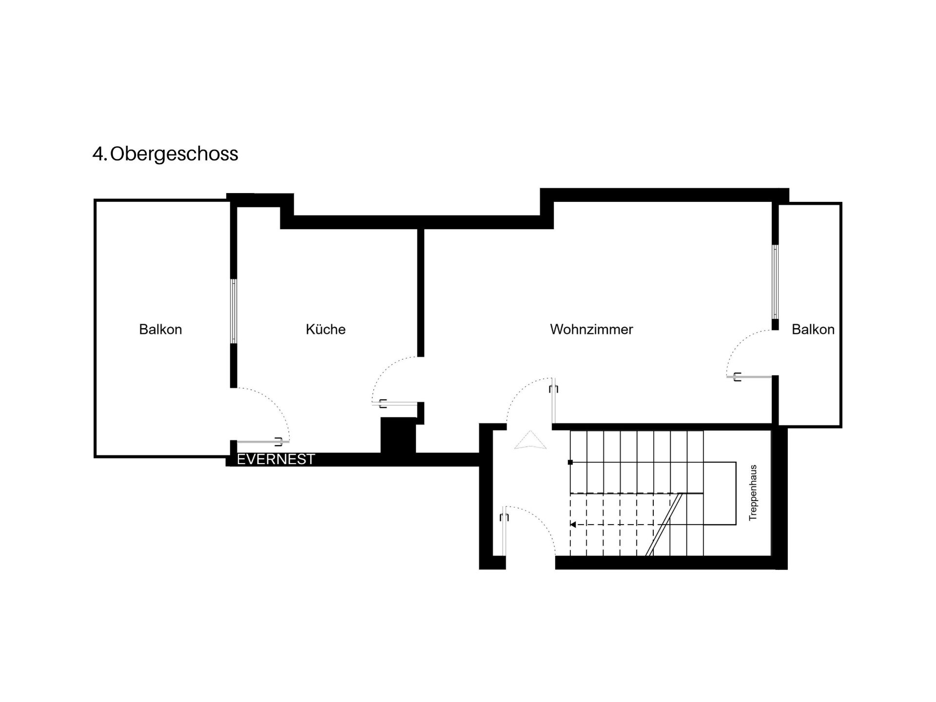 Grundriss einer Wohnung mit Küche, Wohnzimmer, zwei Balkonen und Treppenhaus.