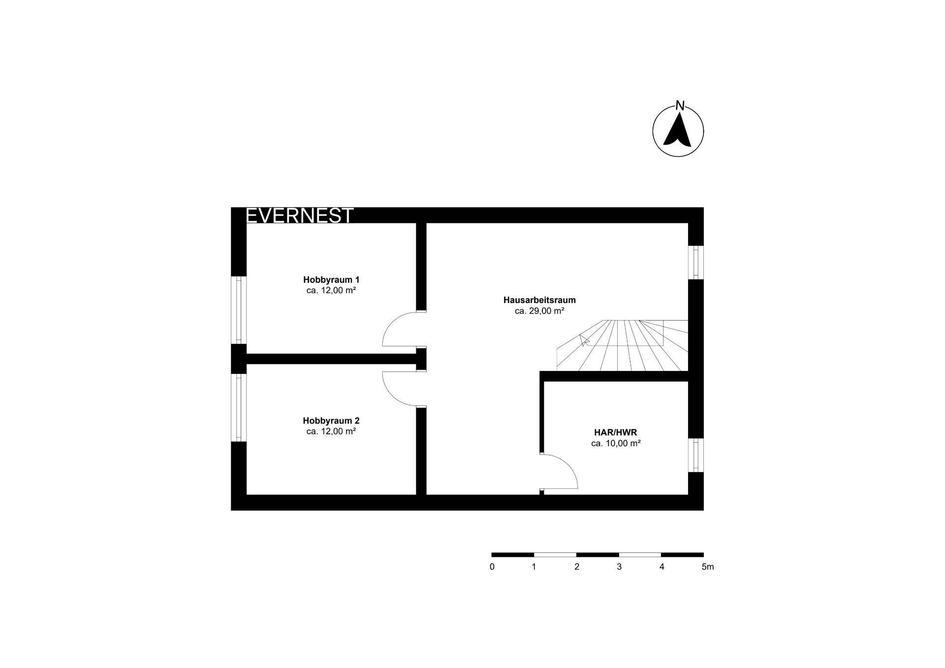 Grundriss mit zwei Hobbyräumen, einem Hausarbeitsraum und einem HAR/HWR.
