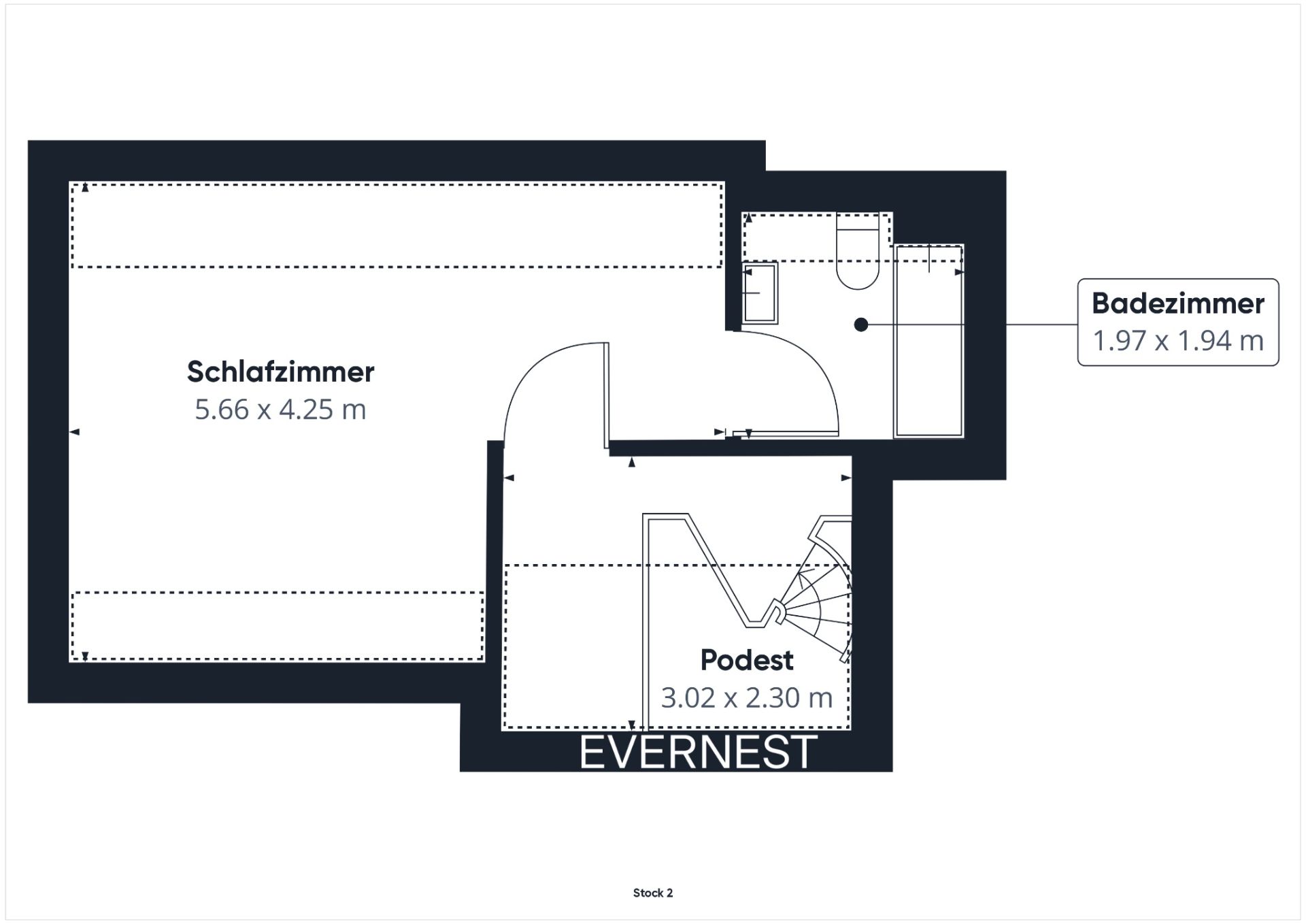 Grundriss mit Schlafzimmer, Badezimmer und Podest, Maße sind eingezeichnet.