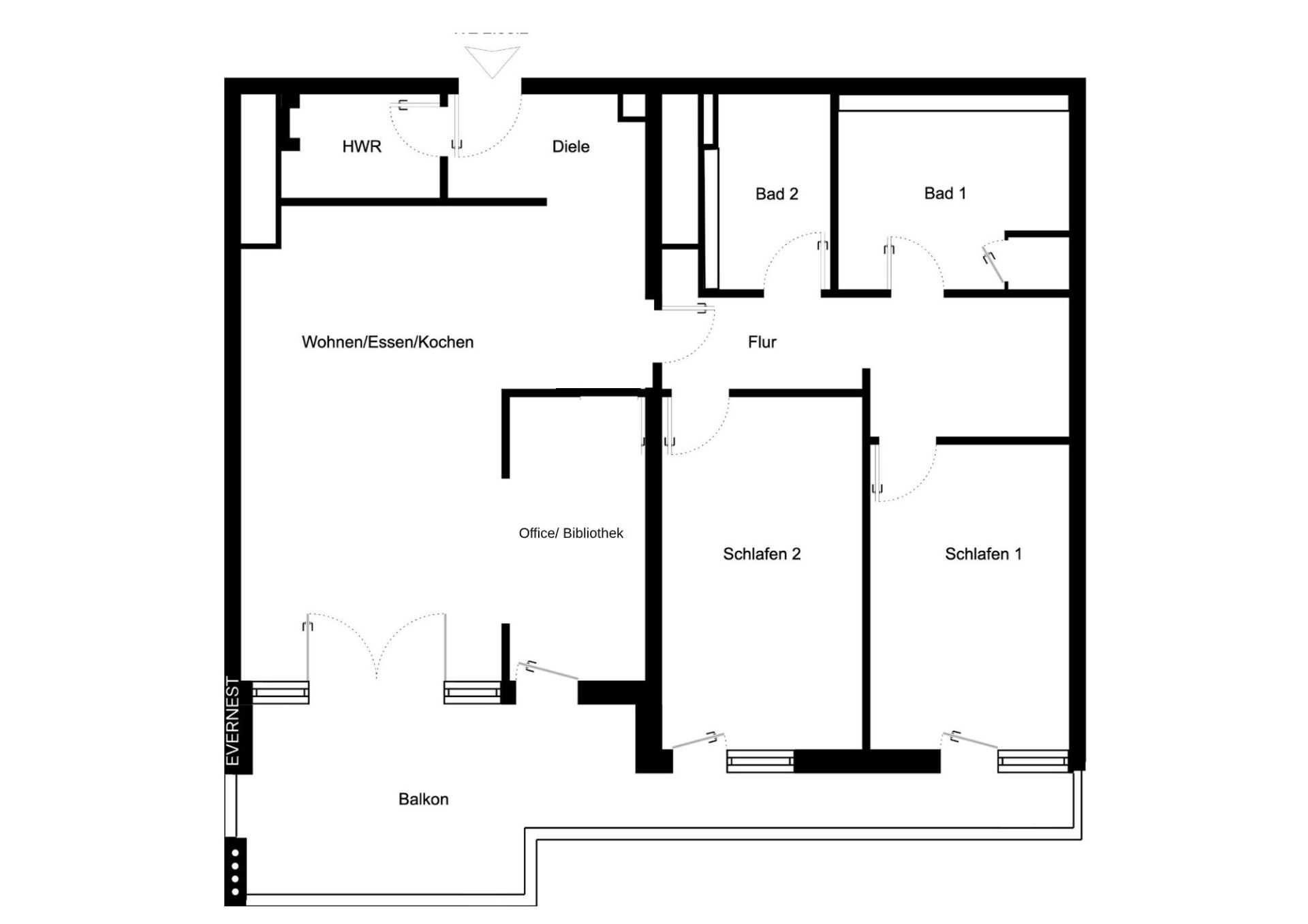 Grundriss einer Wohnung mit Balkon, zwei Schlafzimmern, zwei Bädern, Büro und offenem Wohnbereich.