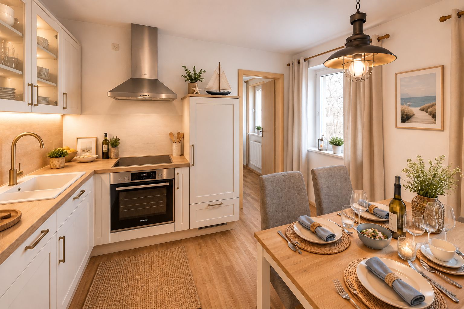Helle Küche mit Esstisch, gedeckten Tellern und Holzfußboden, Fenster mit Vorhängen.