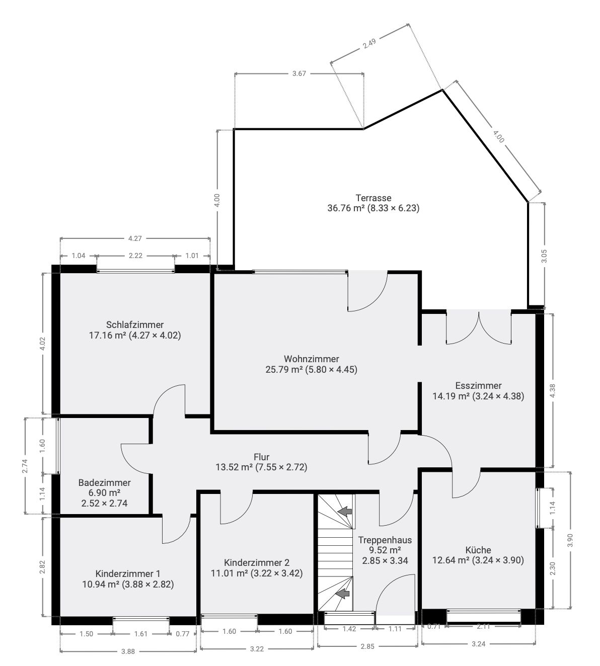 Grundriss einer Wohnung mit Schlafzimmer, Wohnzimmer, Esszimmer, Küche, Bad, Flur und Terrasse.