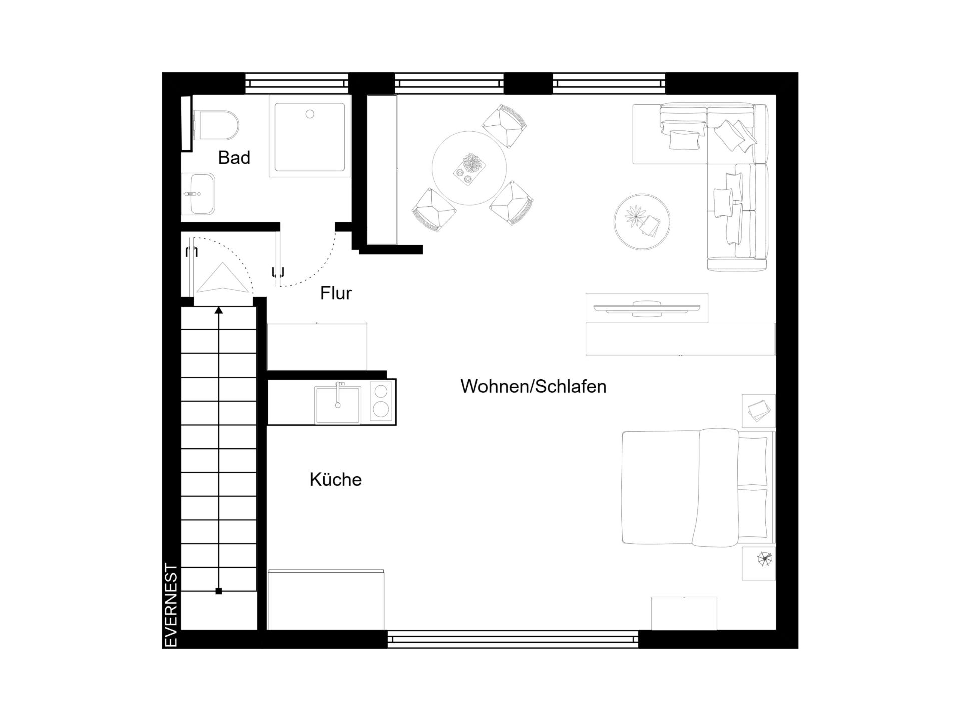 Grundriss einer Wohnung mit Küche, Bad und kombiniertem Wohn- und Schlafbereich.