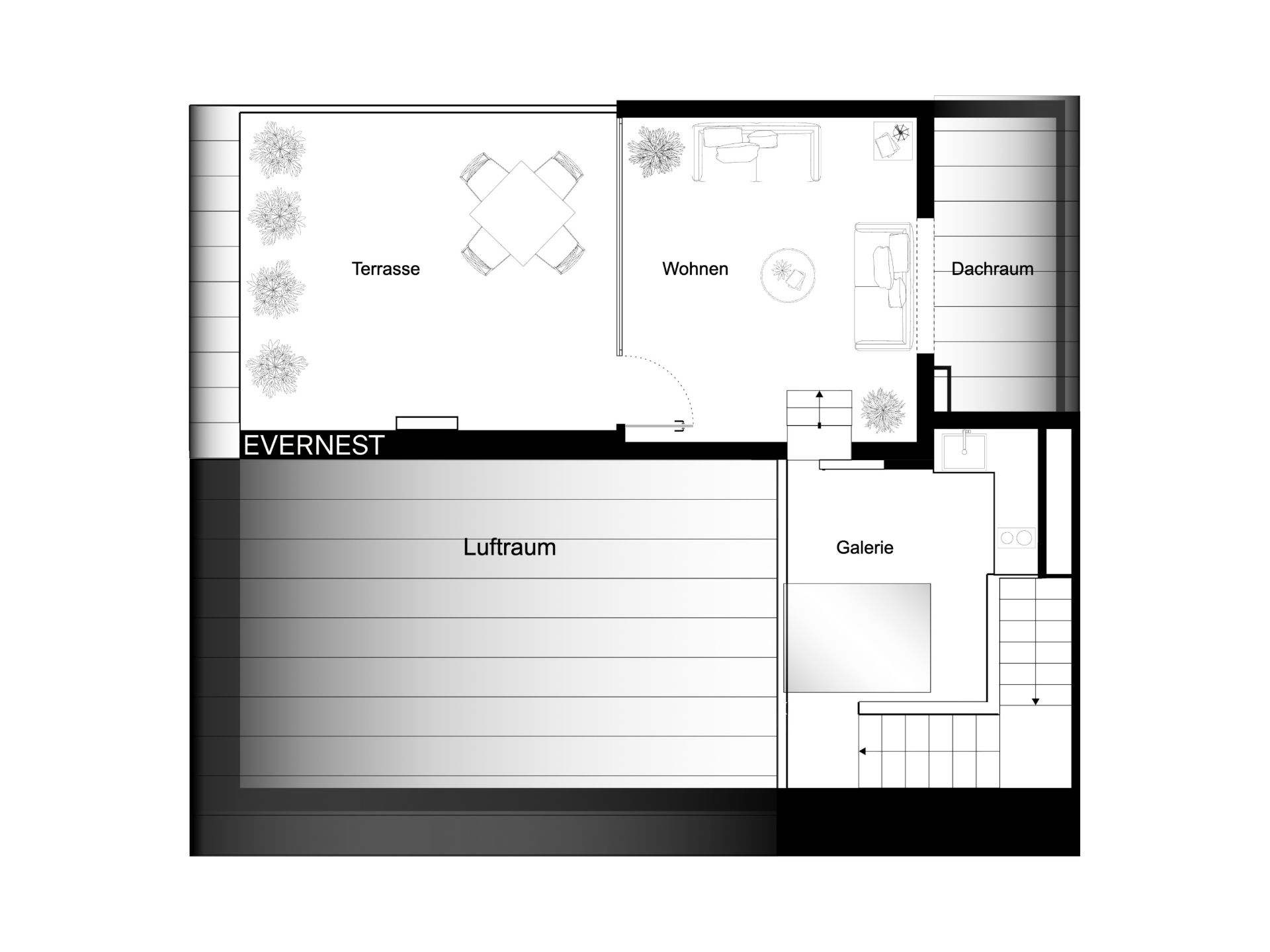 Grundriss mit Terrasse, Wohnbereich, Dachraum, Luftraum und Galerie.