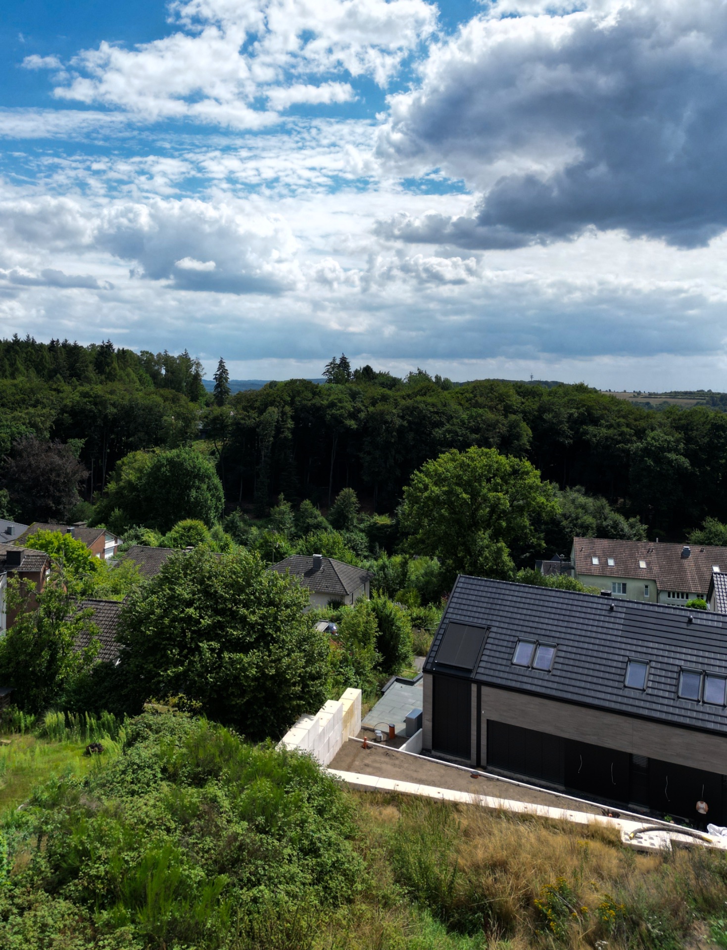 Blick auf Wohnhäuser am Waldrand mit viel Grün und teils bewölktem Himmel.