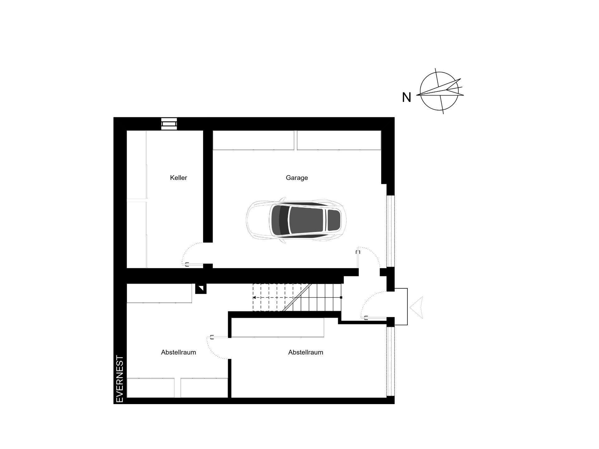 Grundriss mit Garage, Keller und zwei Abstellräumen, ein Auto in der Garage sichtbar.