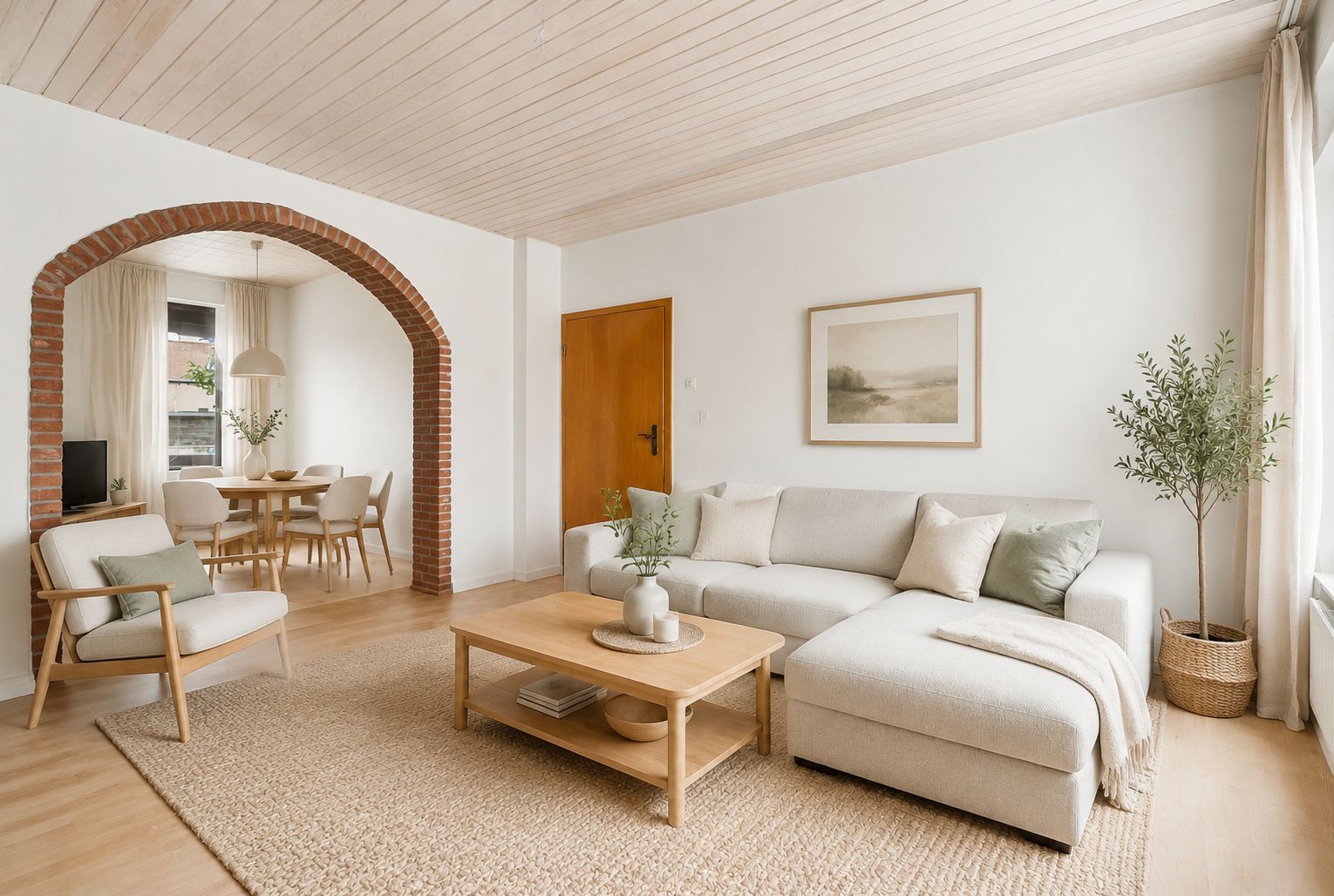 Helles Wohnzimmer mit Sofa, Sessel, Couchtisch und Zugang zum Essbereich durch einen gemauerten Bogen.