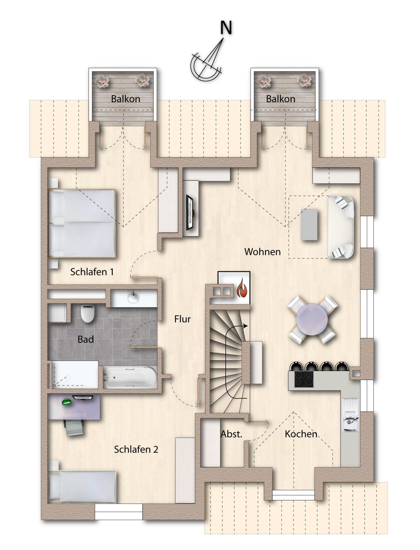 Grundriss einer Wohnung mit zwei Schlafzimmern, Bad, Küche, Wohnzimmer und zwei Balkonen.