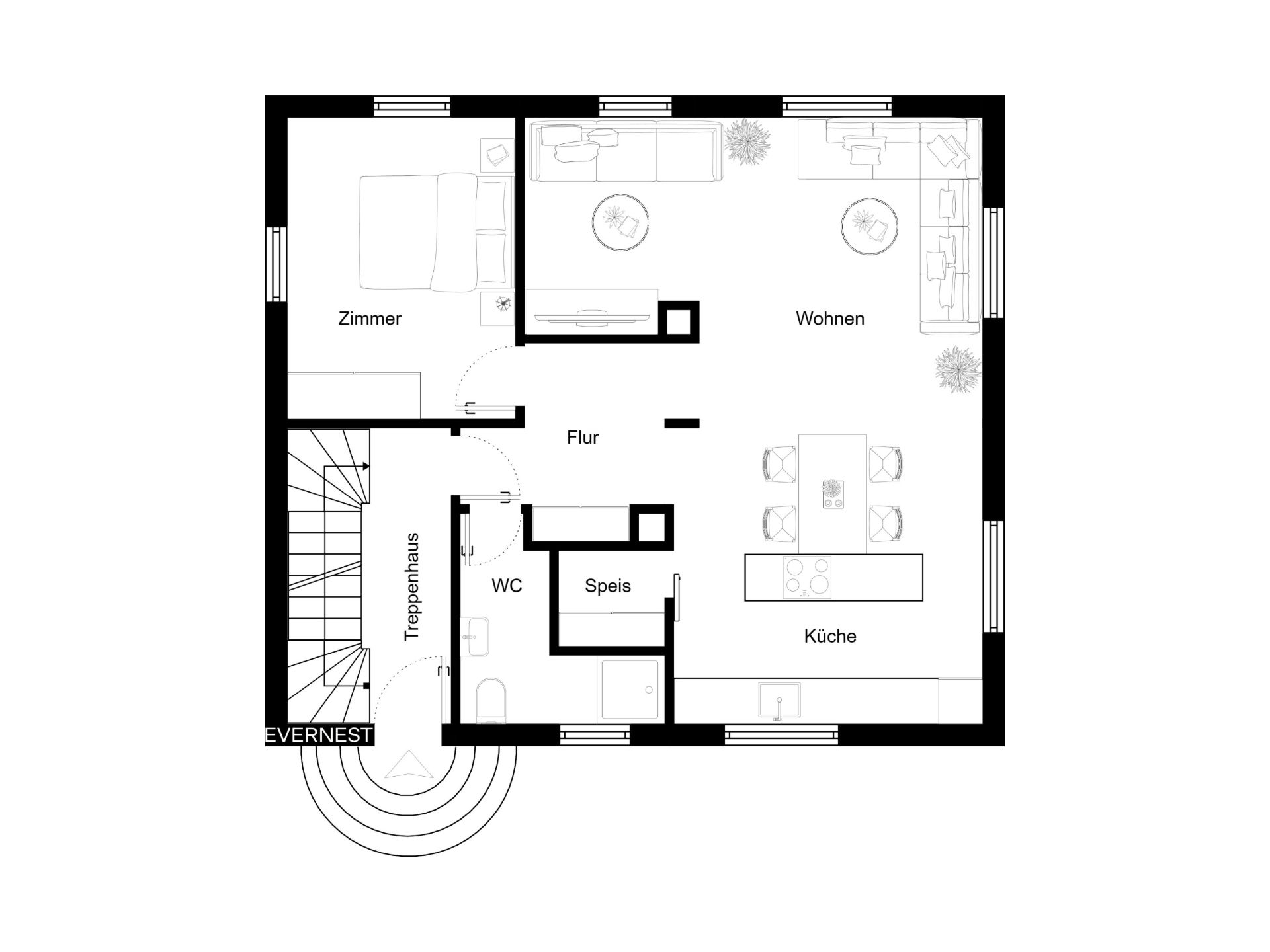 Grundriss einer Wohnung mit Zimmer, Wohnzimmer, Küche, Flur, WC, Speisekammer und Treppenhaus.
