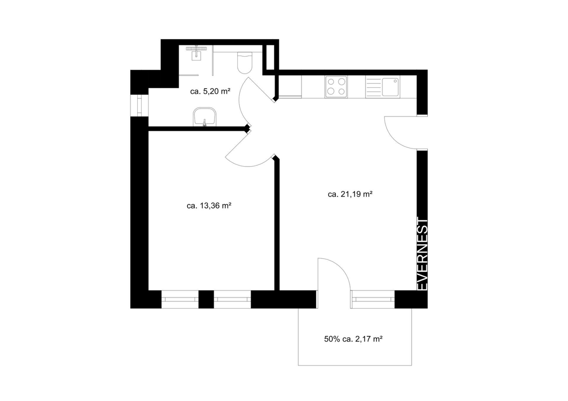 Grundriss einer Wohnung mit drei Räumen, Küche, Bad und Balkon, Flächenangaben in Quadratmetern.