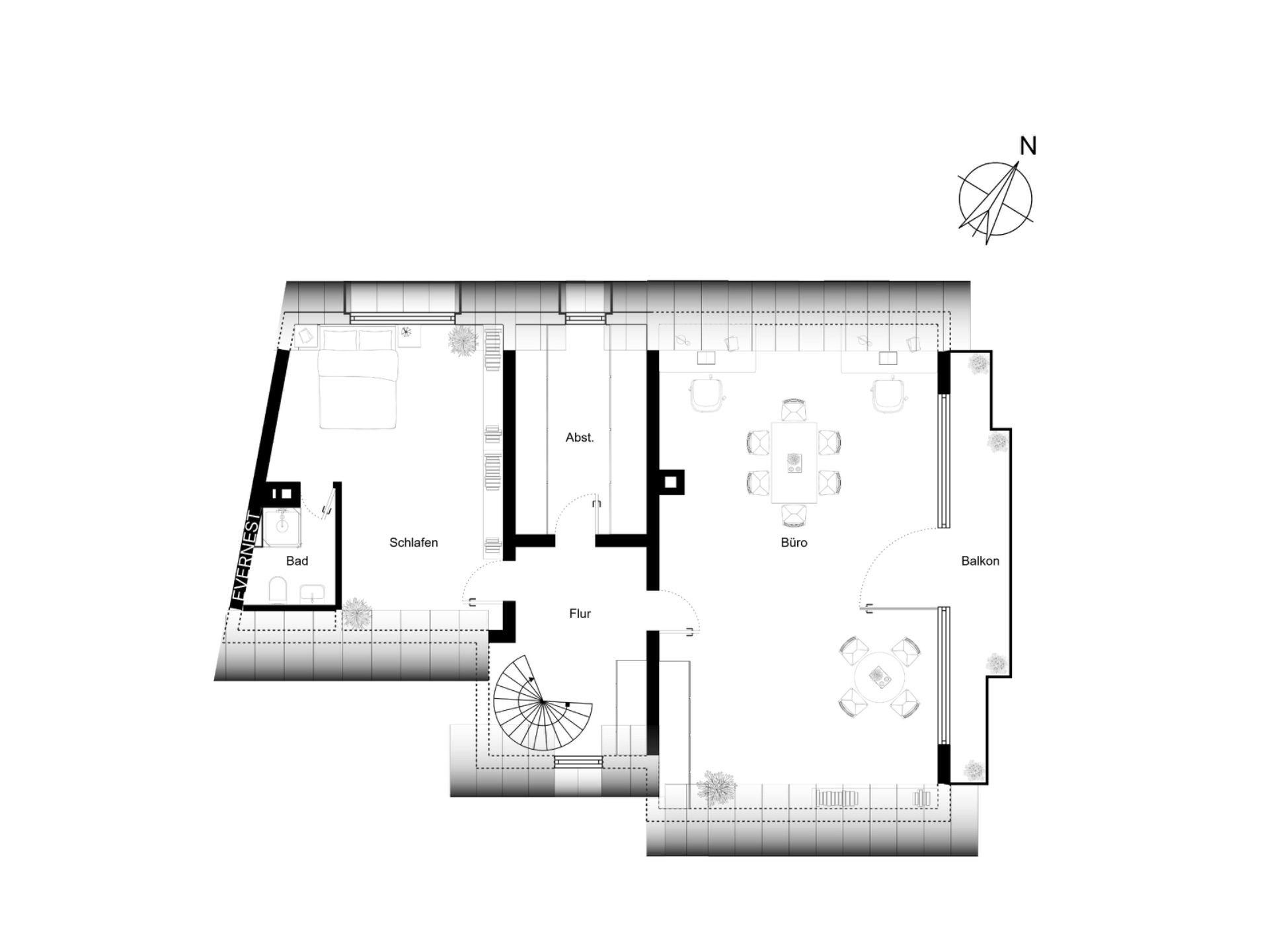 Grundriss mit Schlafzimmer, Bad, Büro, Abstellraum, Flur und Balkon.