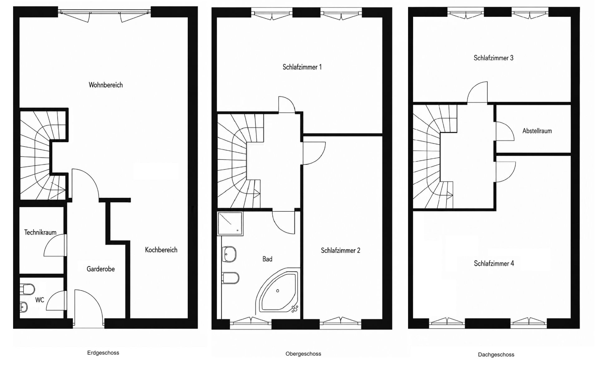 Grundriss mit drei Etagen: Wohnbereich, Küche, WC, Technikraum, vier Schlafzimmer, Bad und Abstellraum.