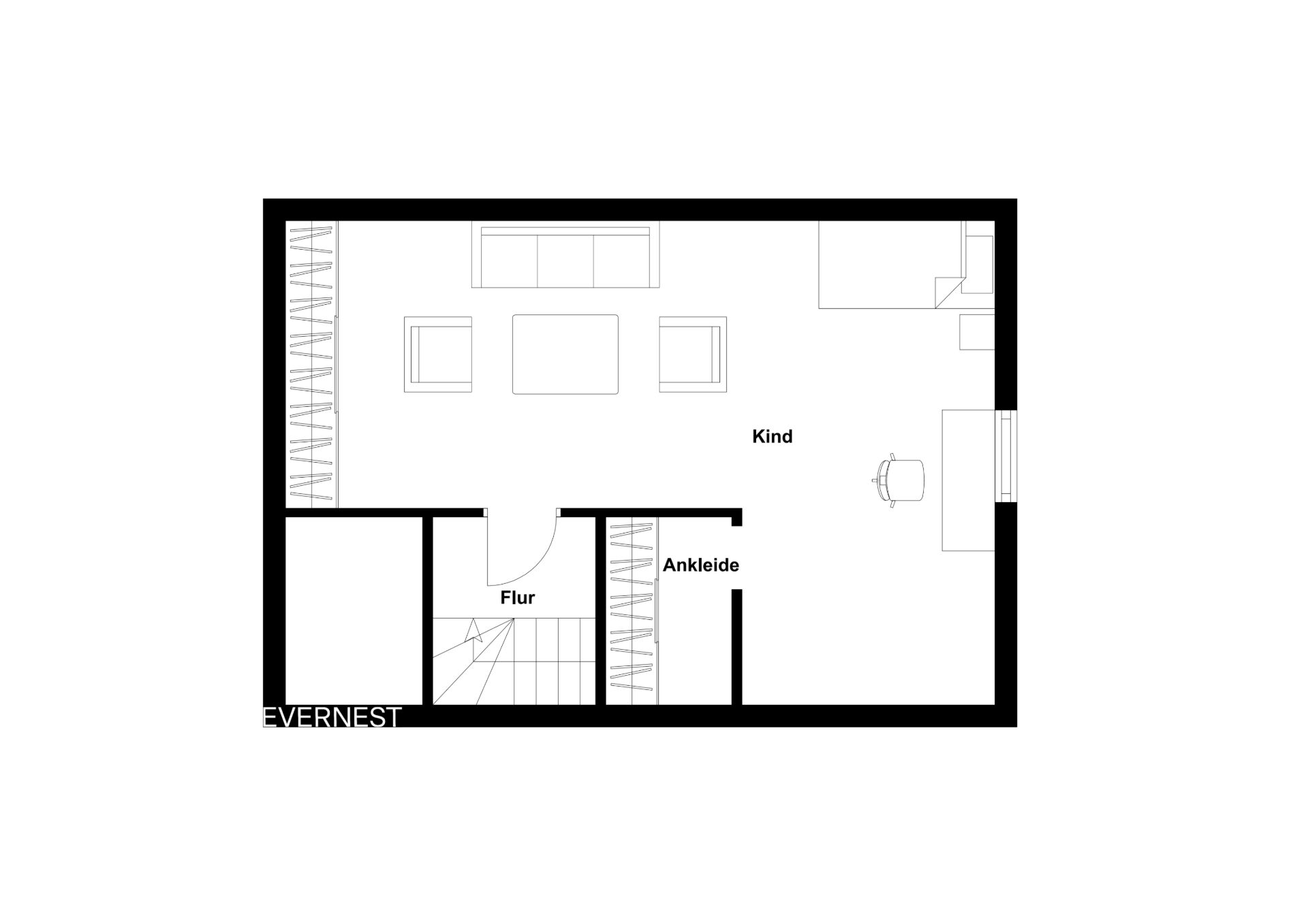 Grundriss mit Kinderzimmer, Ankleide und Flur, Möbel sind eingezeichnet.