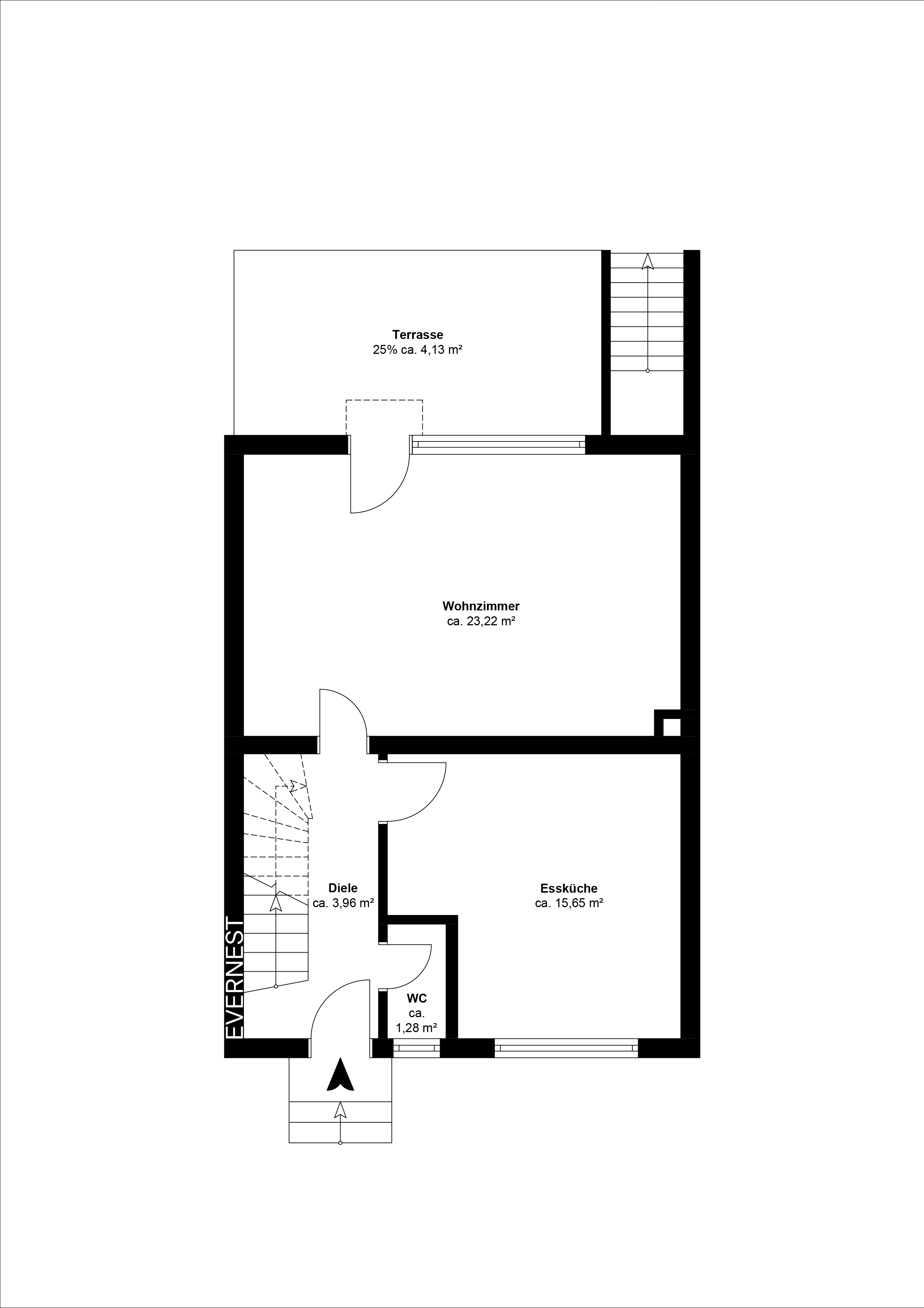 Grundriss mit Wohnzimmer, Essküche, Diele, WC und Terrasse, Räume sind beschriftet.