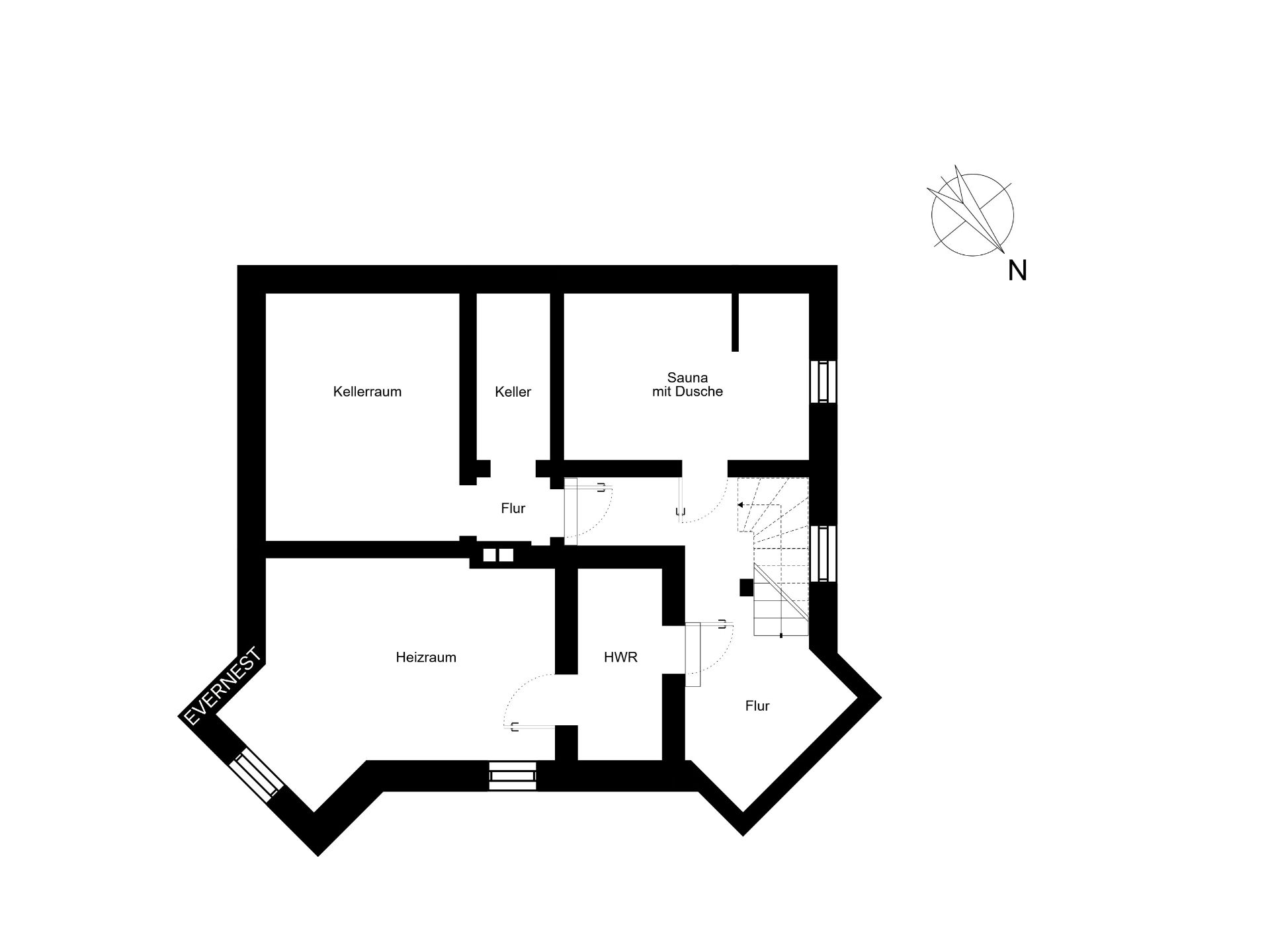 Grundriss eines Kellers mit Heizraum, Kellerräumen, Sauna mit Dusche, Hauswirtschaftsraum und Flur.