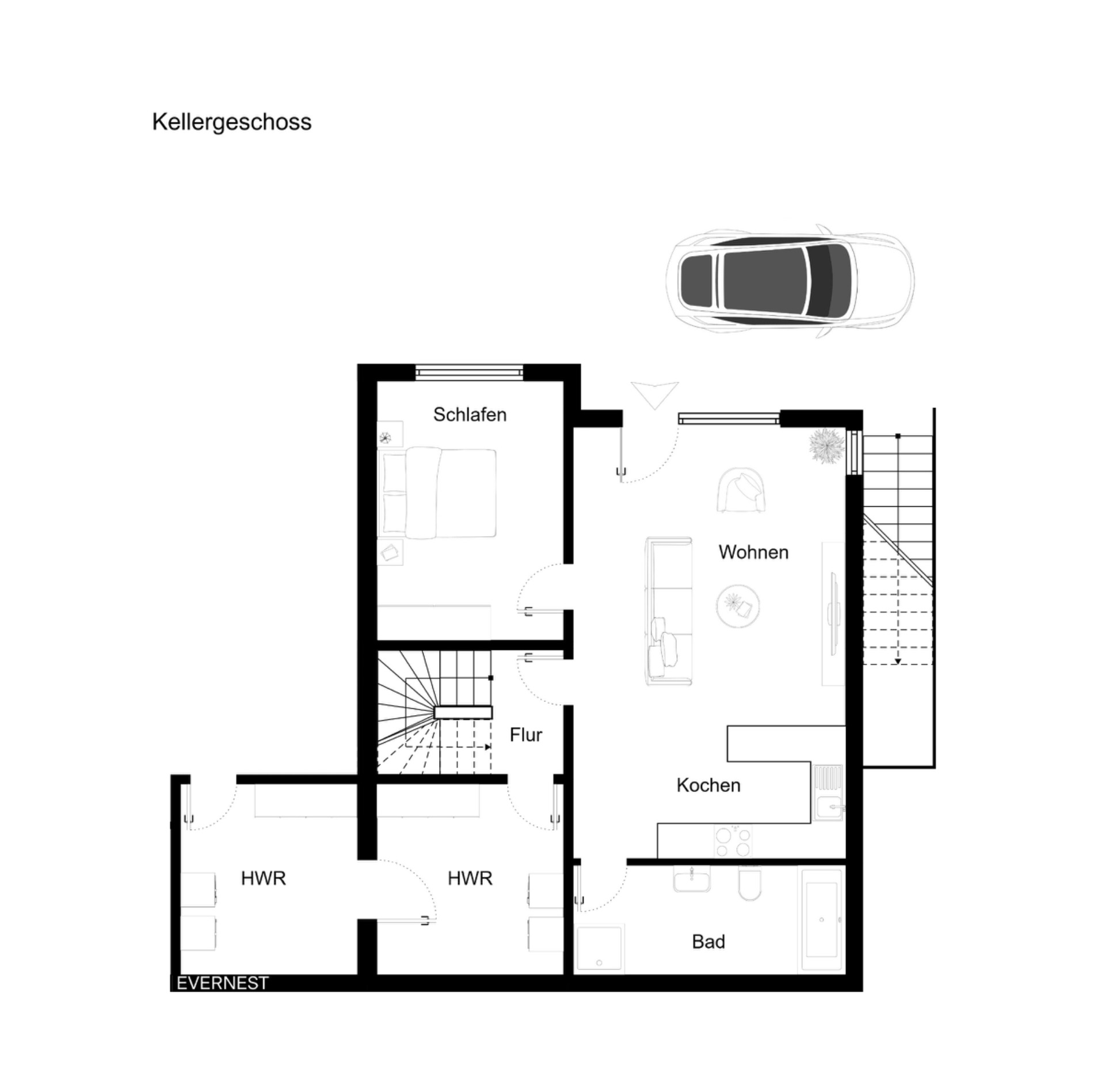 Grundriss eines Kellers mit Schlafzimmer, Wohnzimmer, Küche, Bad, Flur und zwei Hauswirtschaftsräumen.