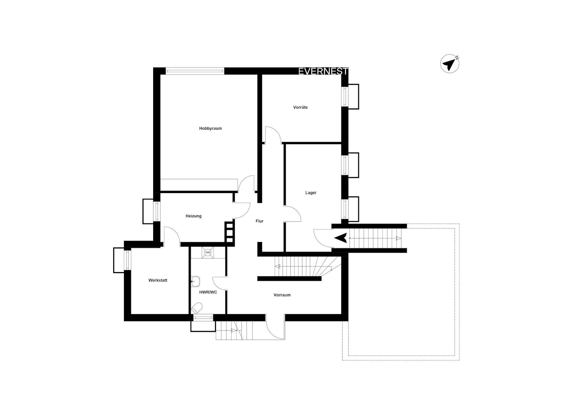 Grundriss eines Kellers mit Hobbyraum, Vorräte, Lager, Werkstatt und Heizungsraum.