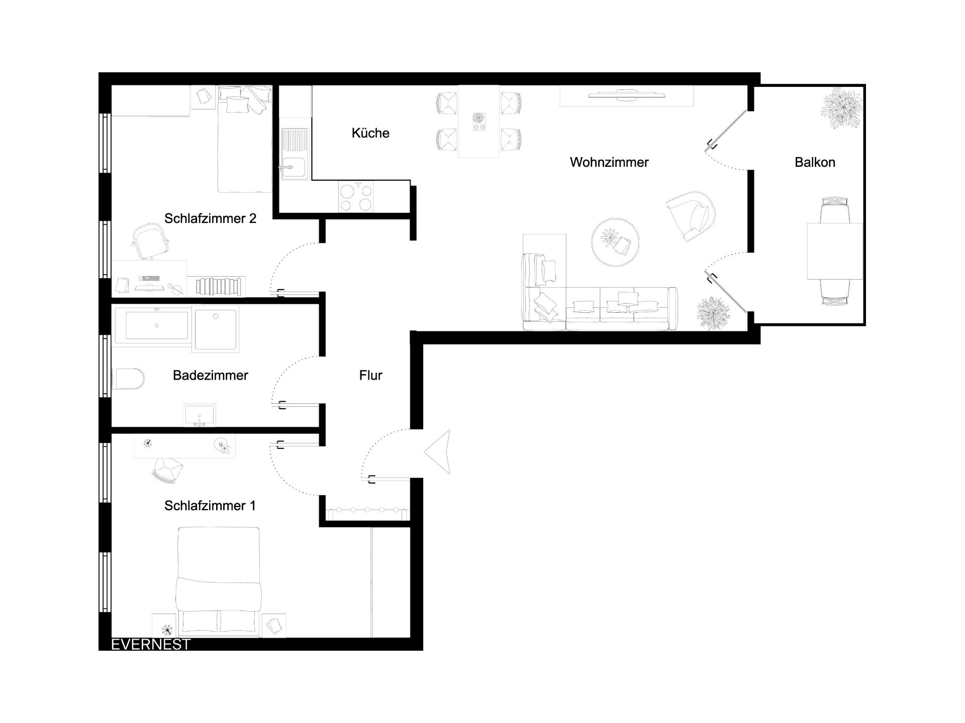 Grundriss mit zwei Schlafzimmern, Wohnzimmer, Küche, Bad, Flur und Balkon.