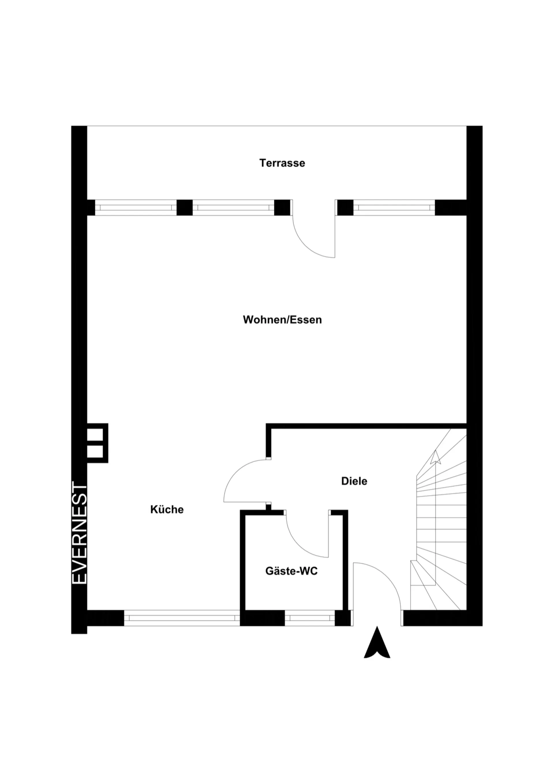 Grundriss zeigt Wohnzimmer, Küche, Diele, Gäste-WC und Terrasse im Erdgeschoss.