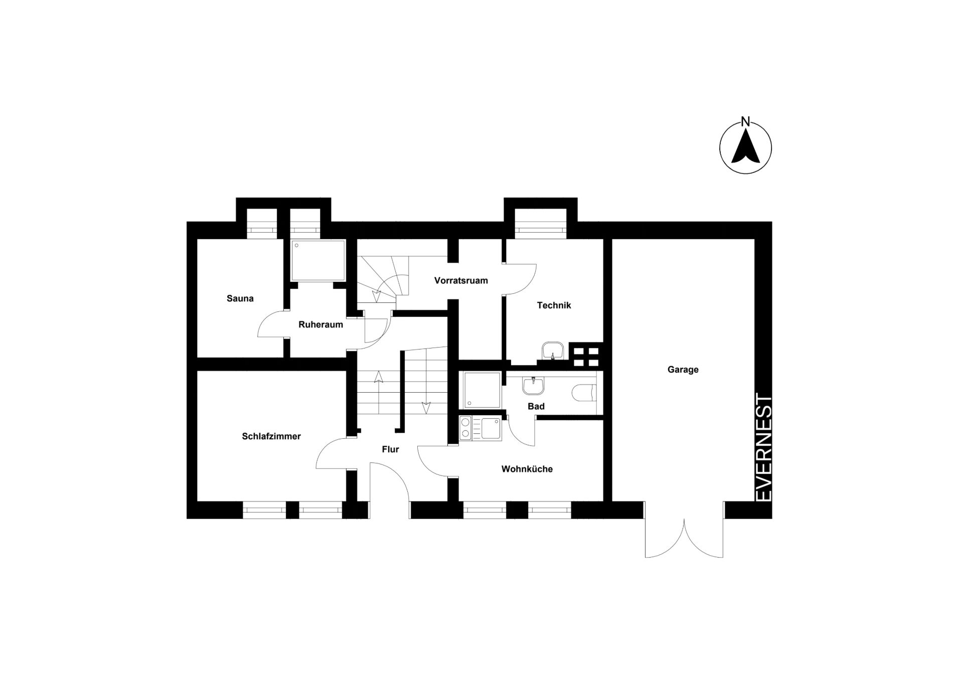 Grundriss mit Schlafzimmer, Sauna, Wohnküche, Bad, Technikraum, Vorratsraum und Garage.