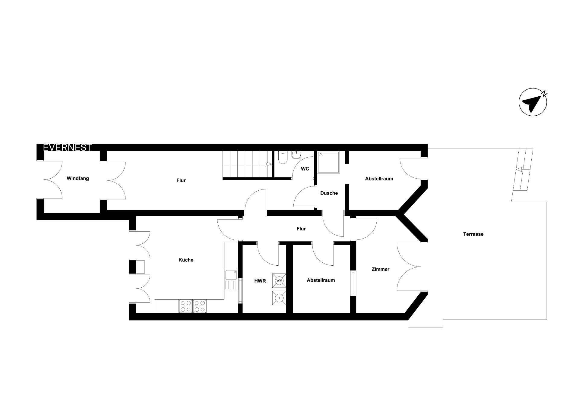Grundriss einer Wohnung mit Küche, Zimmer, Abstellräumen, Dusche, WC und Terrasse.