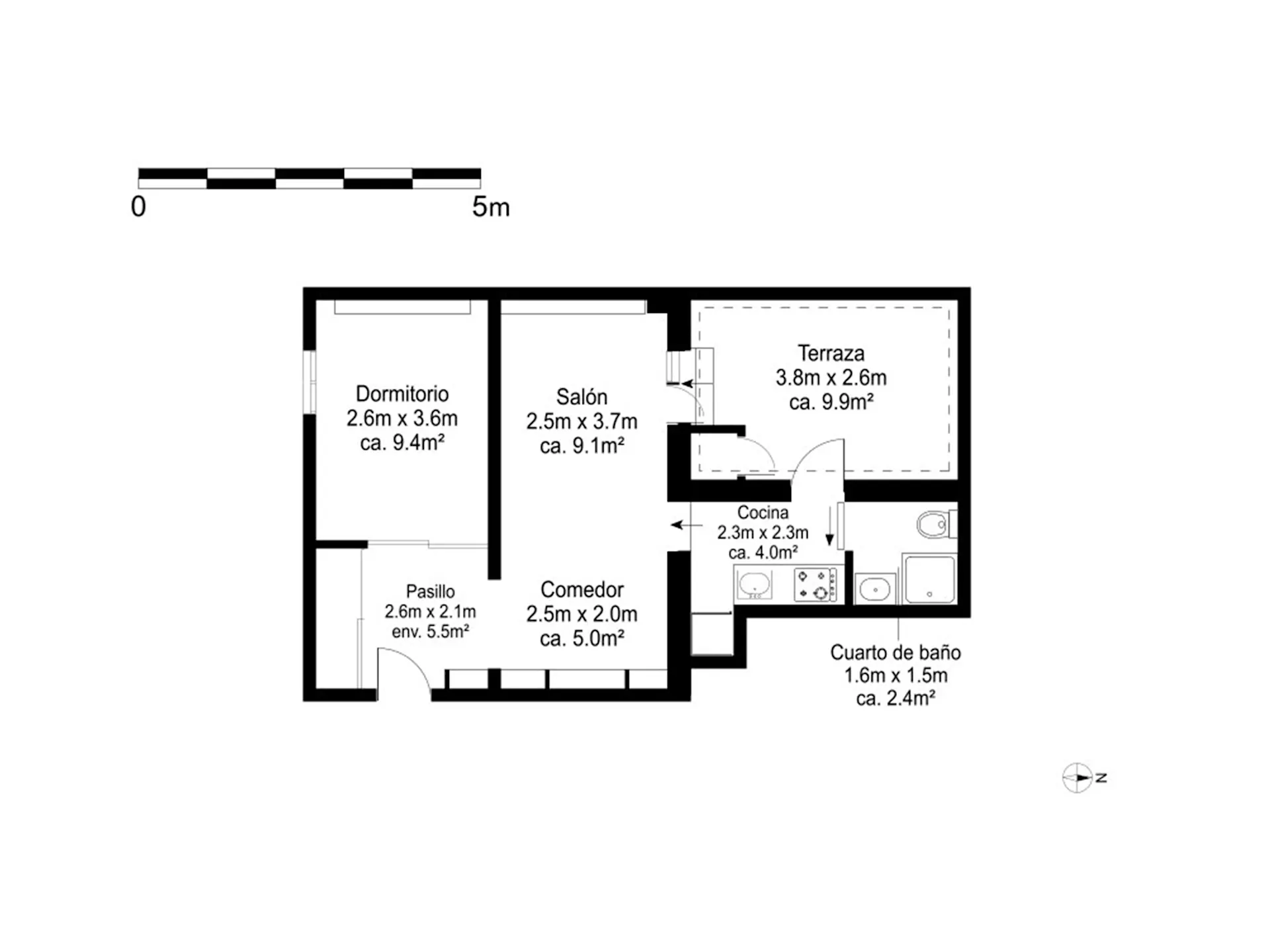 Grundriss einer Wohnung mit Schlafzimmer, Wohnzimmer, Esszimmer, Küche, Bad und Terrasse.