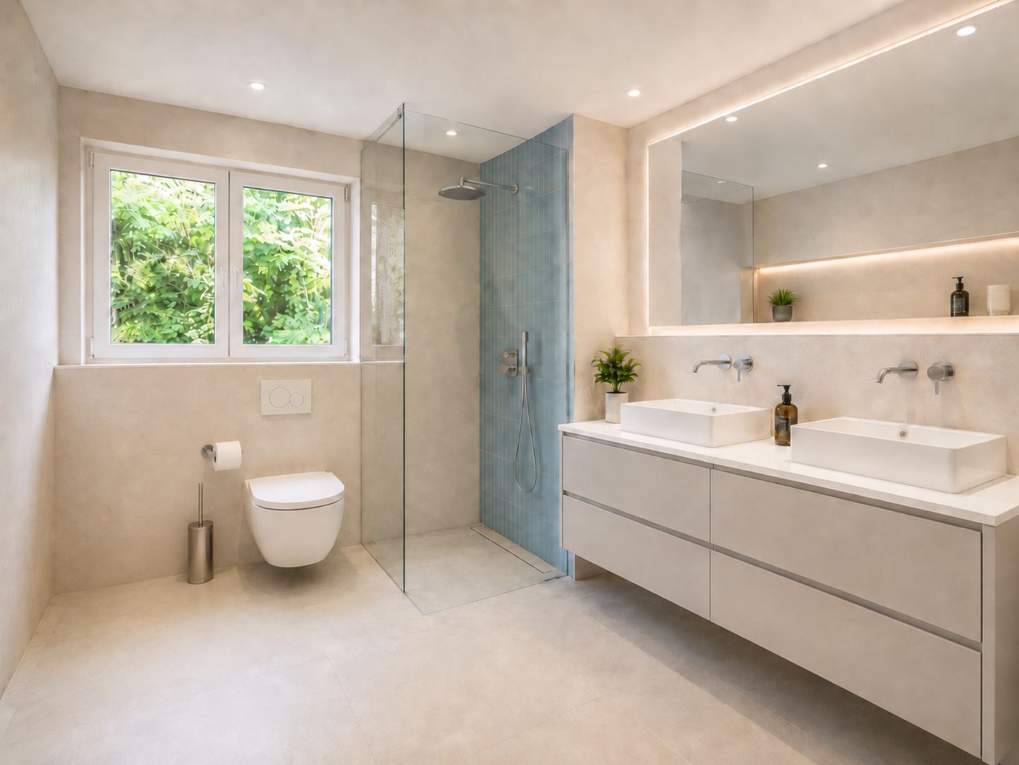 Modernes Badezimmer mit großer Dusche, zwei Waschbecken und großem Spiegel.