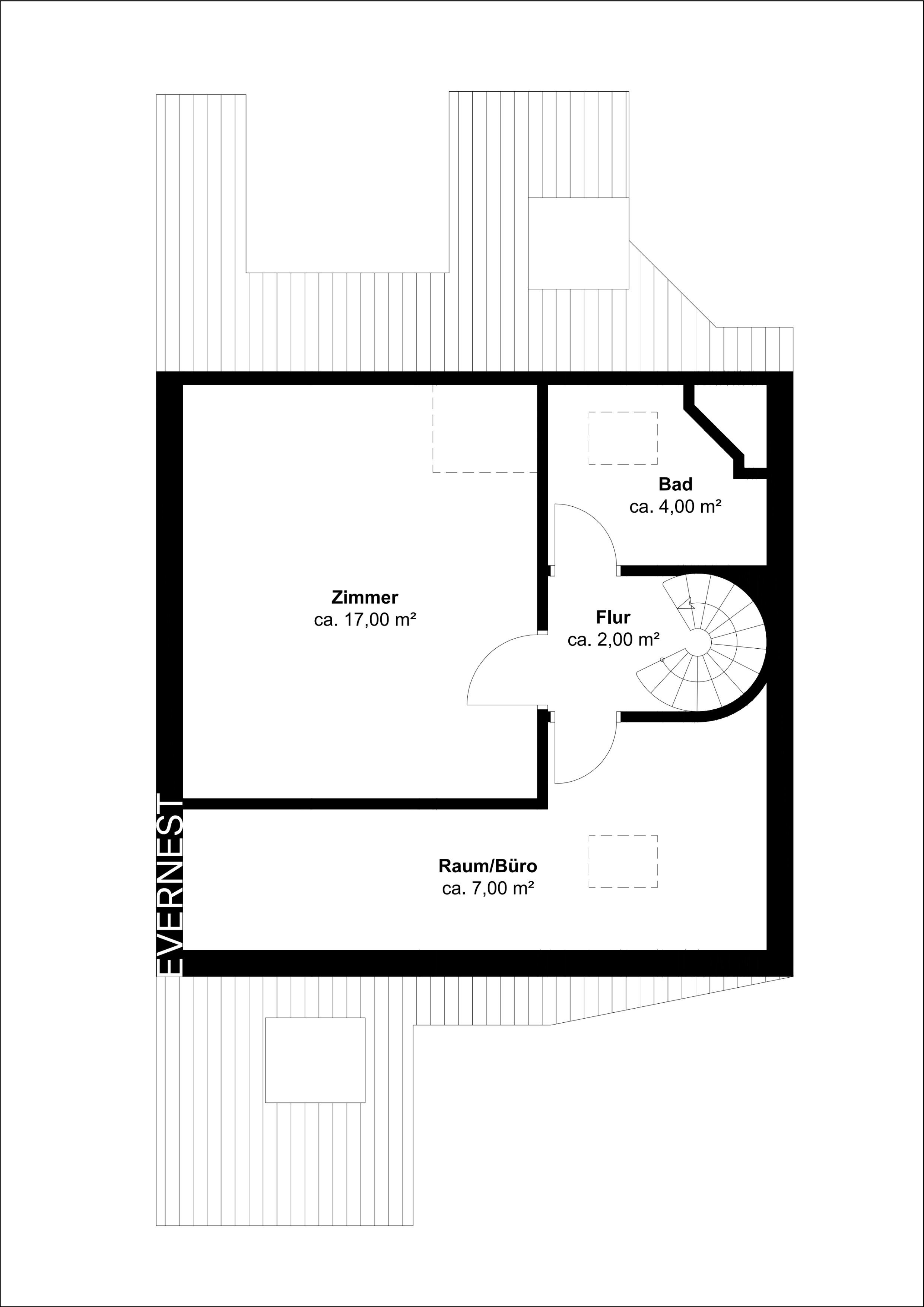 Grundriss mit Zimmer, Raum/Büro, Bad und Flur, jeweils mit Flächenangaben in Quadratmetern.