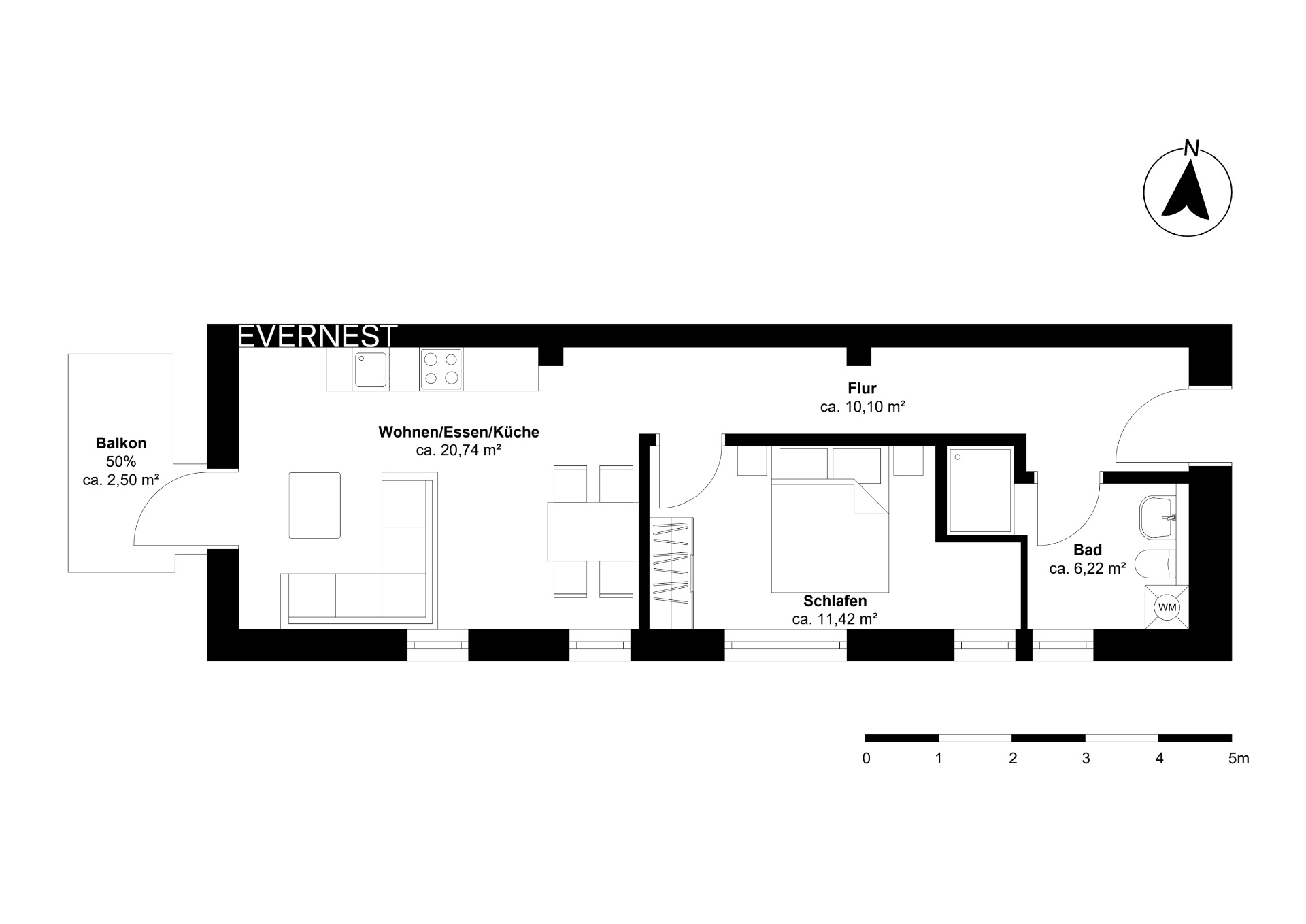 Grundriss einer Wohnung mit Balkon, Wohnbereich, Küche, Schlafzimmer, Flur und Bad.